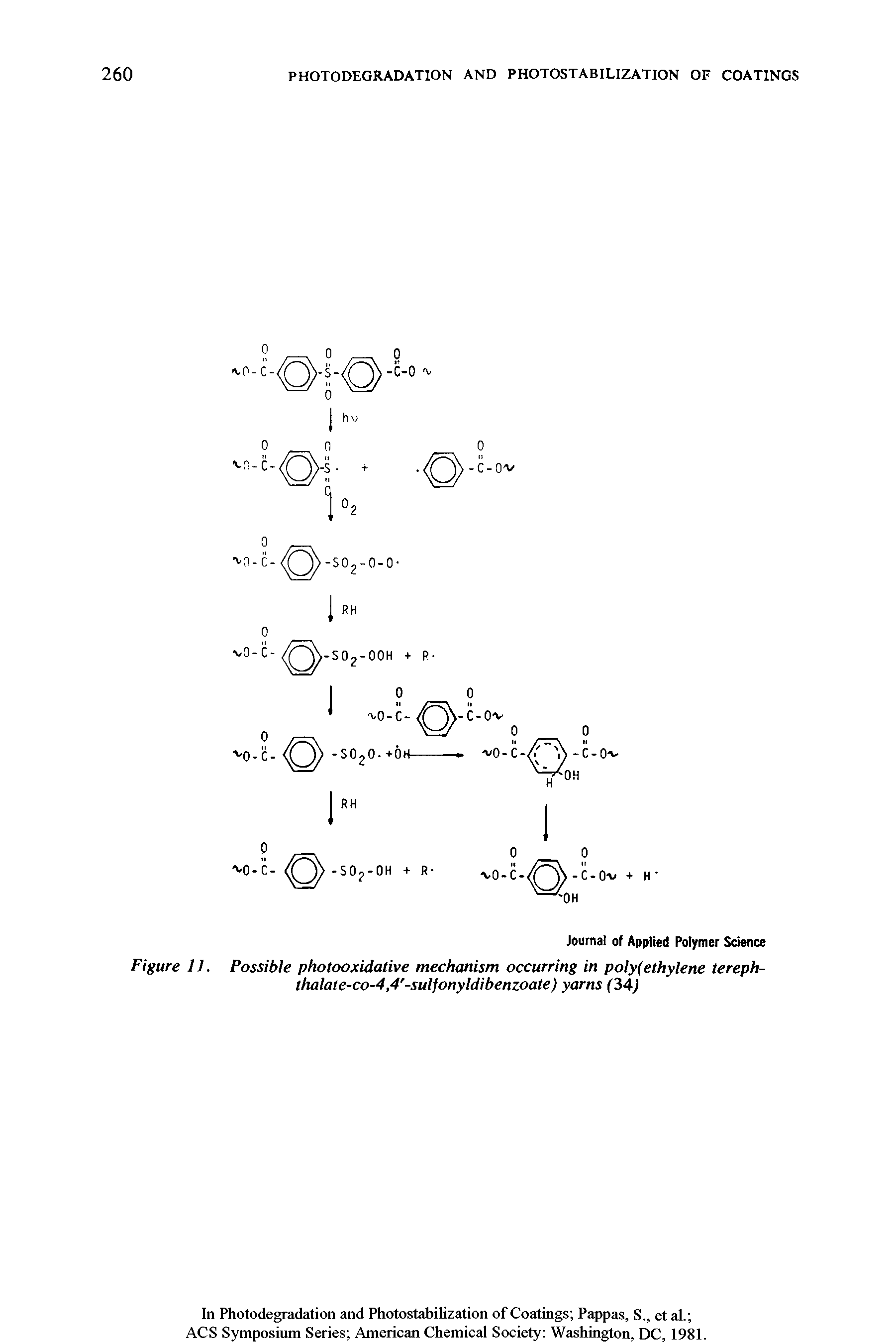 Figure 11. Possible photooxidative mechanism occurring in polyfethylene tereph-thalale-co-4,4 -sulfonyldibenzoate) yarns (34)...
