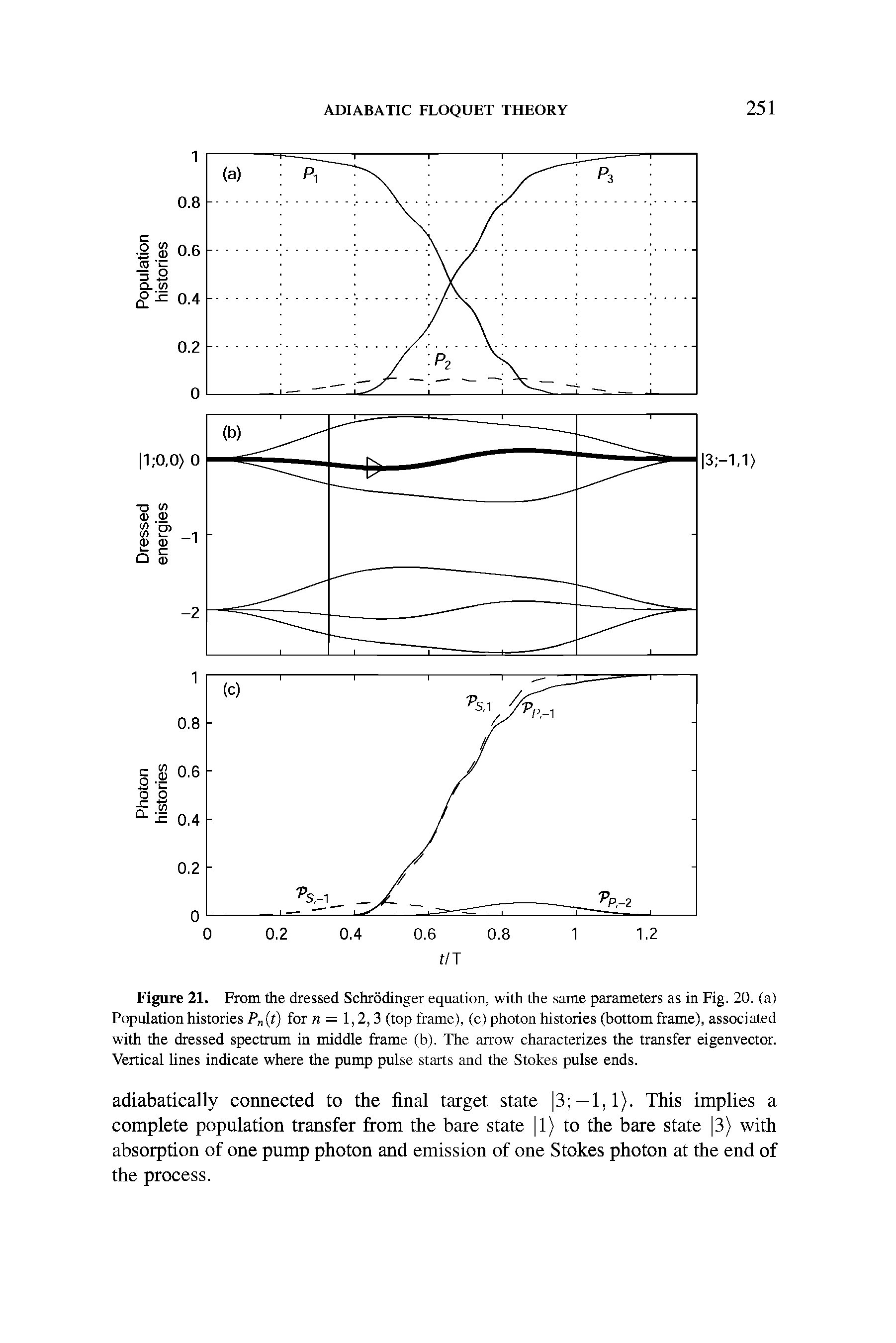 Figure 21. From the dressed Schrodinger equation, with the same parameters as in Fig. 20. (a) Population histories P (t) for n = 1,2,3 (top frame), (c) photon histories (bottom frame), associated with the dressed spectrum in middle frame (b). The arrow characterizes the transfer eigenvector. Vertical lines indicate where the pump pulse starts and the Stokes pulse ends.