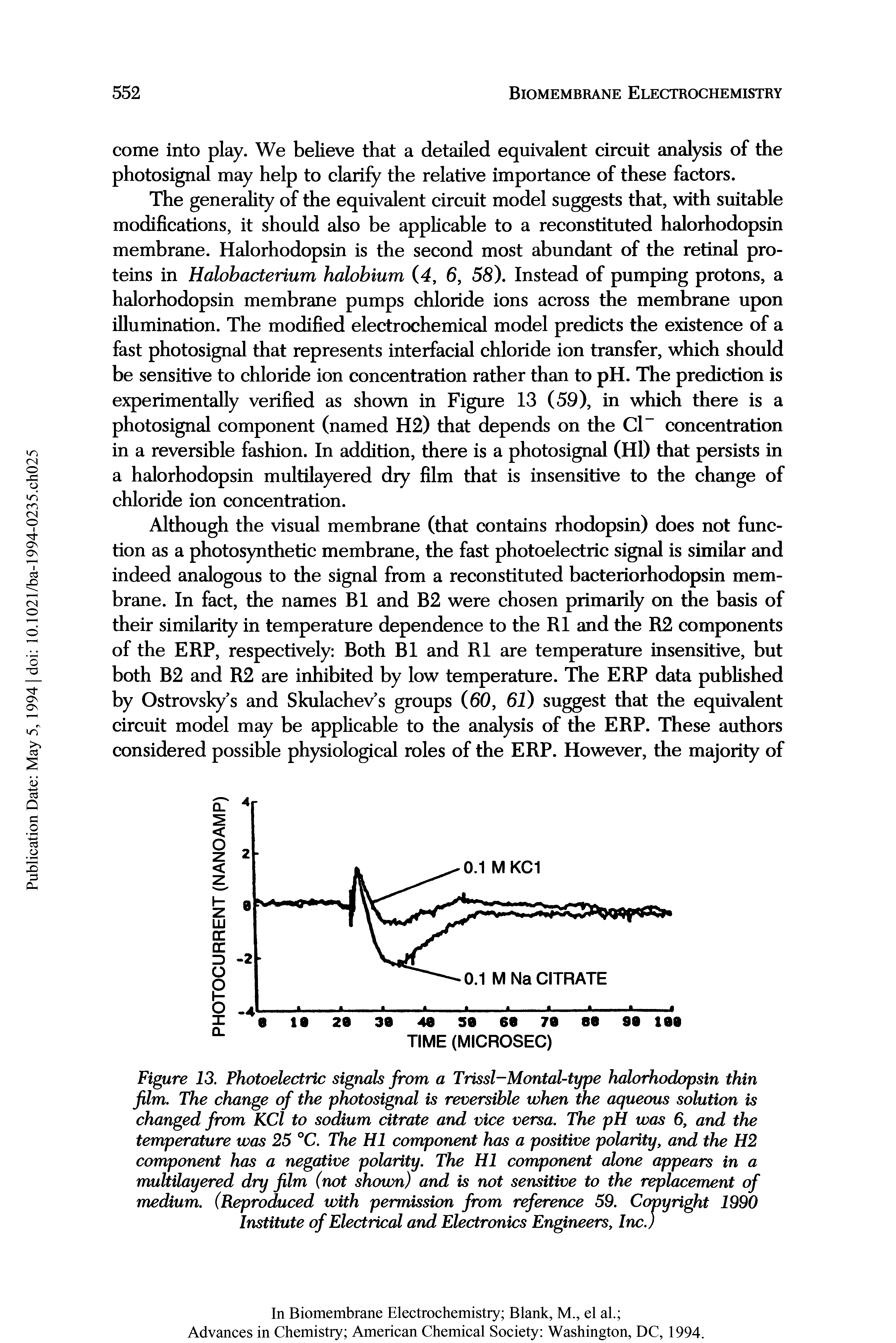 Figure 13. Photoelectric signals from a Trissl-Montal-type halorhodopsin thin film. The change of the photosignal is reversible when the aqueous solution is changed from KCl to sodium citrate and vice versa. The pH was 6, and the temperature was 25 °C. The HI component has a positive polarity, and the H2 component has a negative polarity. The HI component alone appears in a multilayered dry film (not shown) and is not sensitive to the replacement of medium. (Reproduced with permission from reference 59. Copyright 1990 Institute of Electrical and Electronics Engineers, Inc.)...