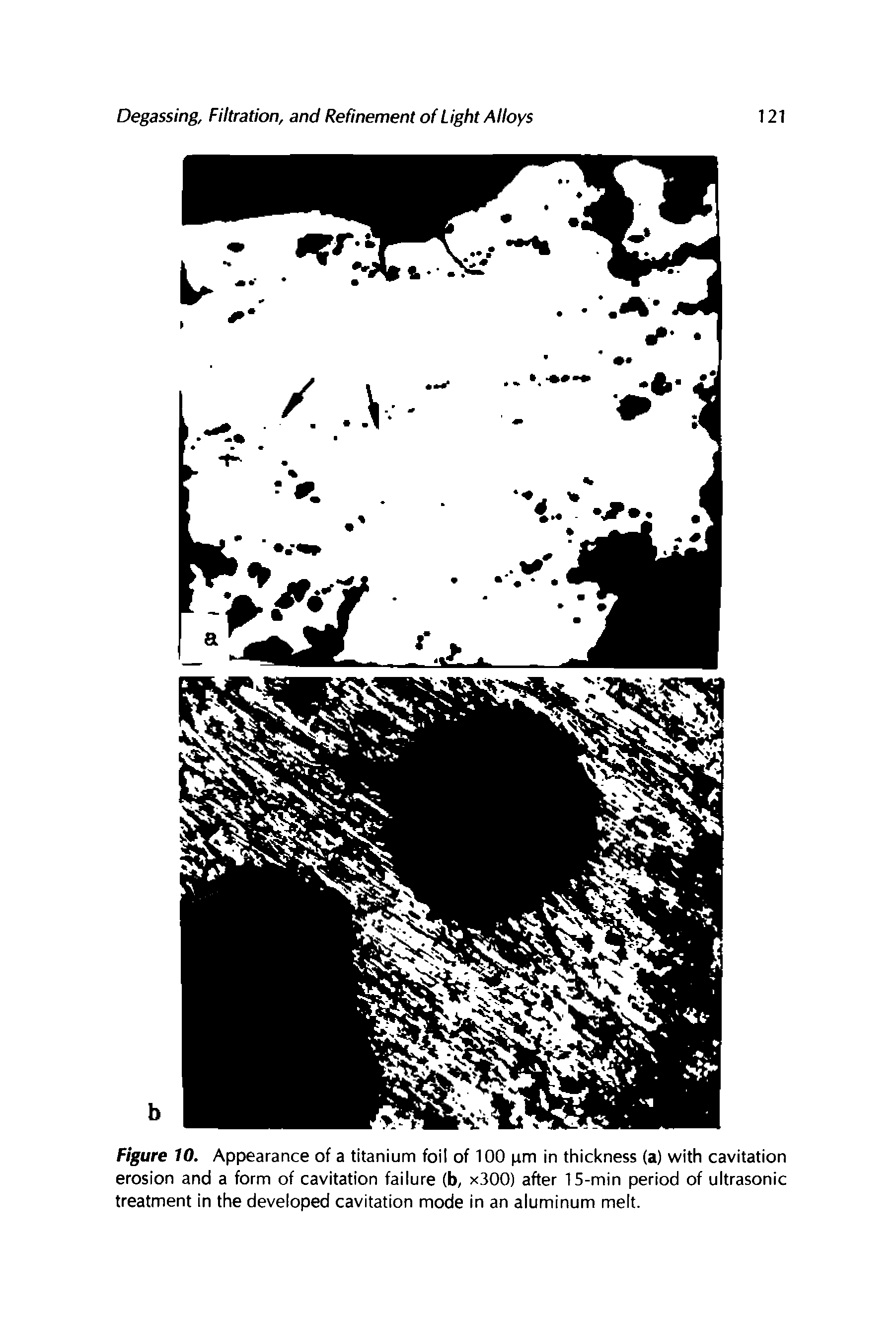 Figure 10. Appearance of a titanium foil of 100 pm in thickness (a) with cavitation erosion and a form of cavitation failure (b, x300) after 15-min period of ultrasonic treatment in the developed cavitation mode in an aluminum melt.