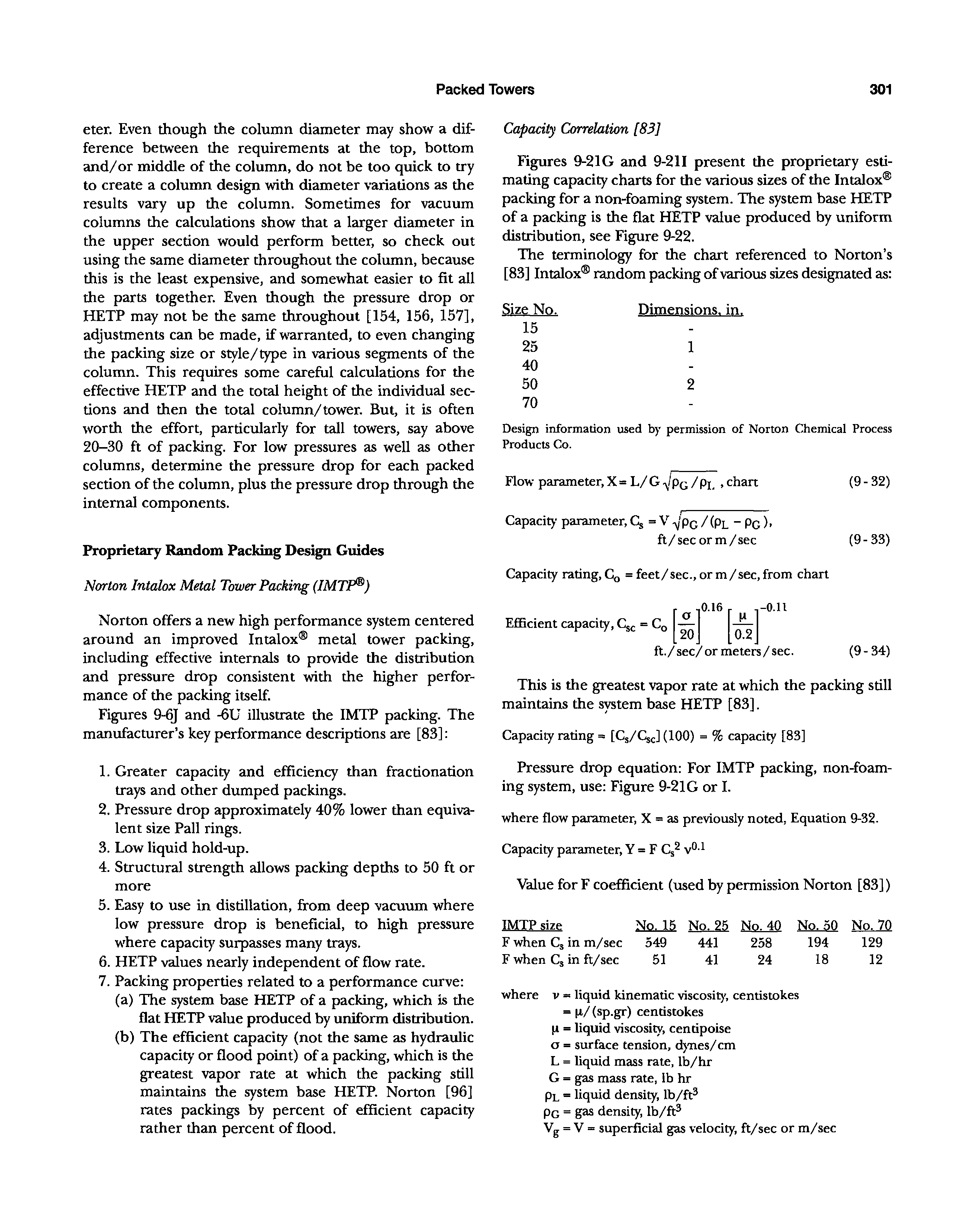 Figures 9-21G and 9-211 present the proprietary estimating capacity charts for the various sizes of the Intalox packing for a non-foaming system. The system base HETP of a packing is the flat HETP value produced by uniform distribution, see Figure 9-22.