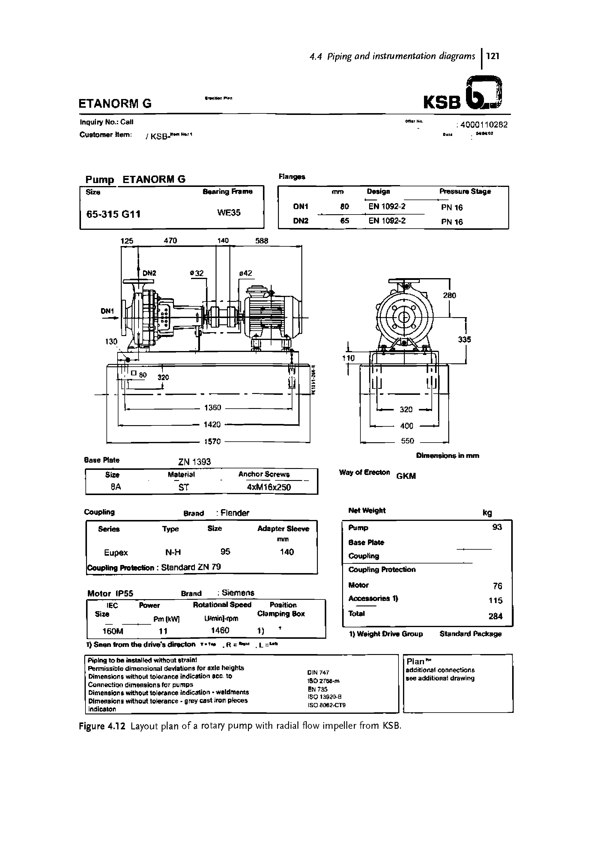 Figure 4.12 Layout plan of a rotary pump with radial flow impeller from KSB.