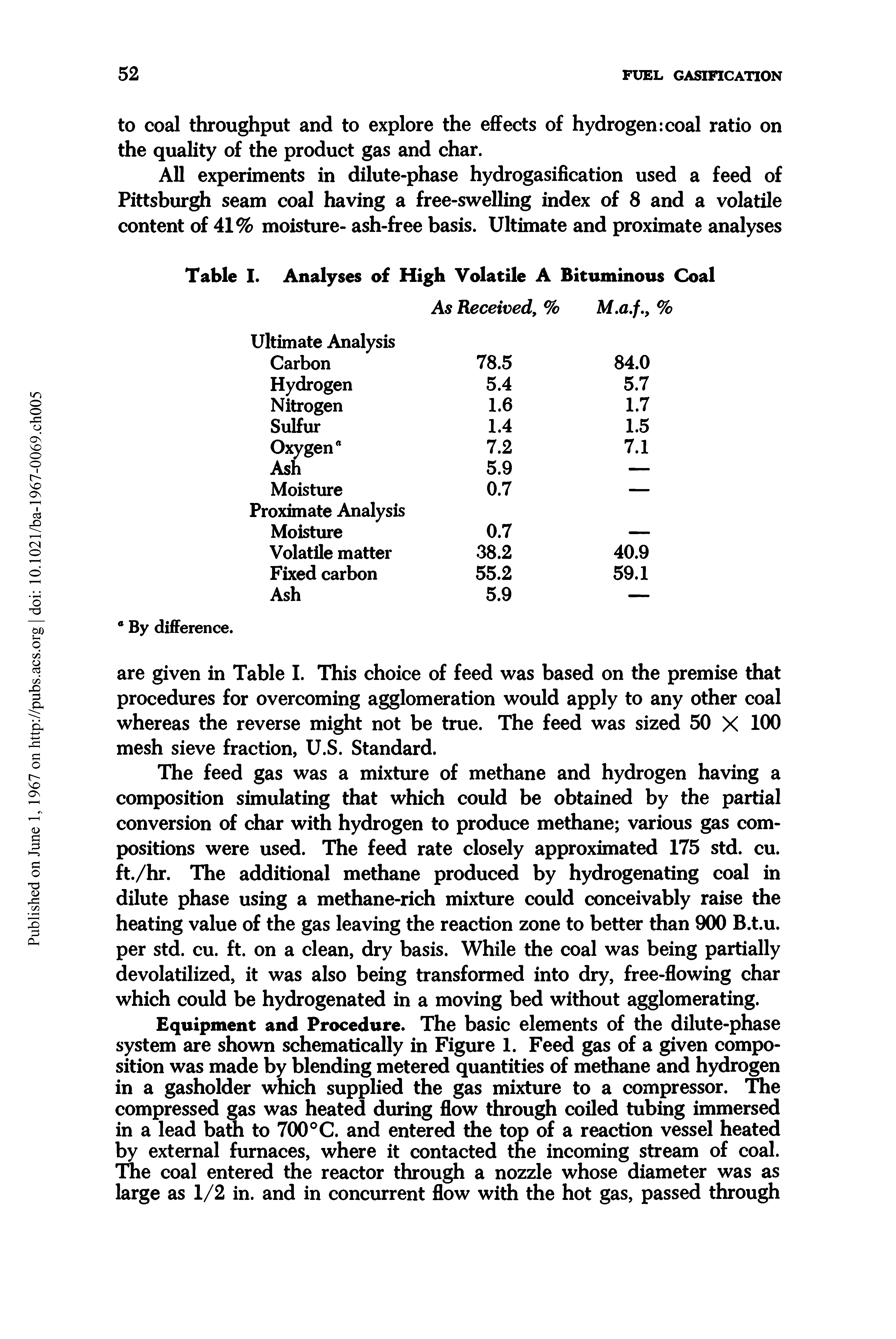 Table I. Analyses of High Volatile A Bituminous Coal...