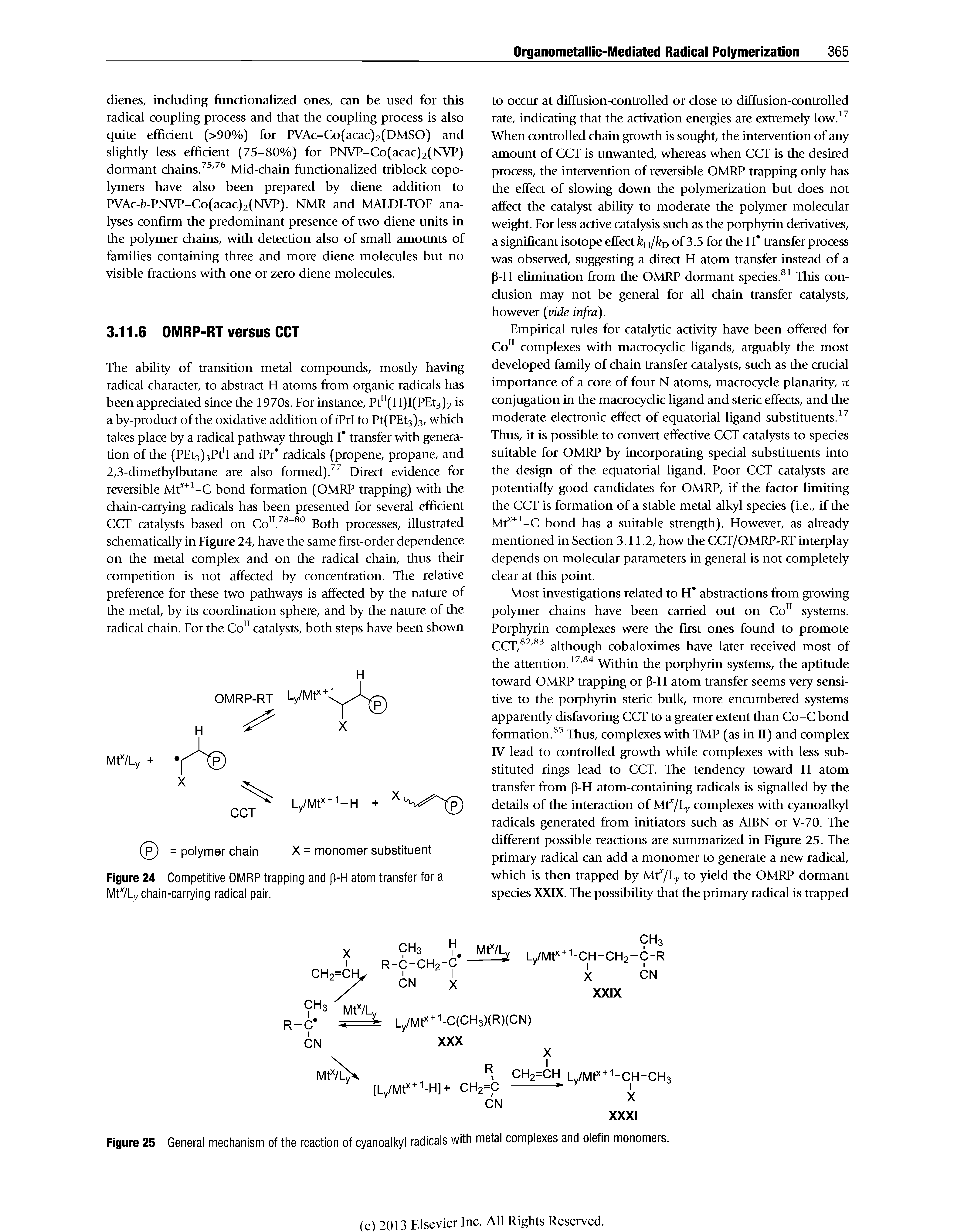 Figure 25 General mechanism of the reaction of cyanoalkyl radicals with metal complexes and olefin monomers.