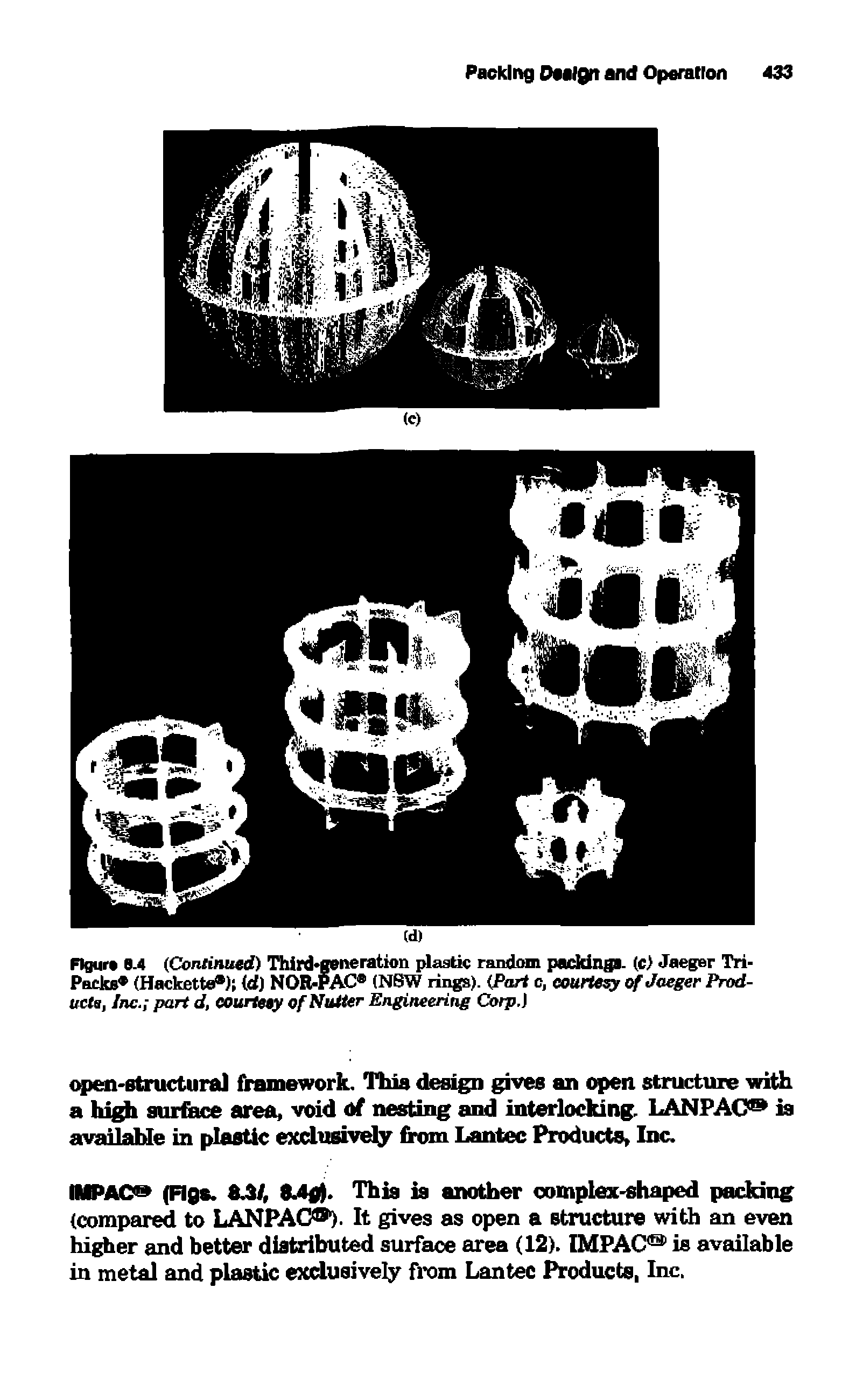 Figure 8.4 (Continued) Third-sene ration plastic random packings. (c) Jaeger Tri-Packs (Hackette ) (d) NOR-PAC (NSW rings). (Part c, courtesy of Jaeger Products, Inc. part d, courtesy of Nutter Engineering Corp.l...