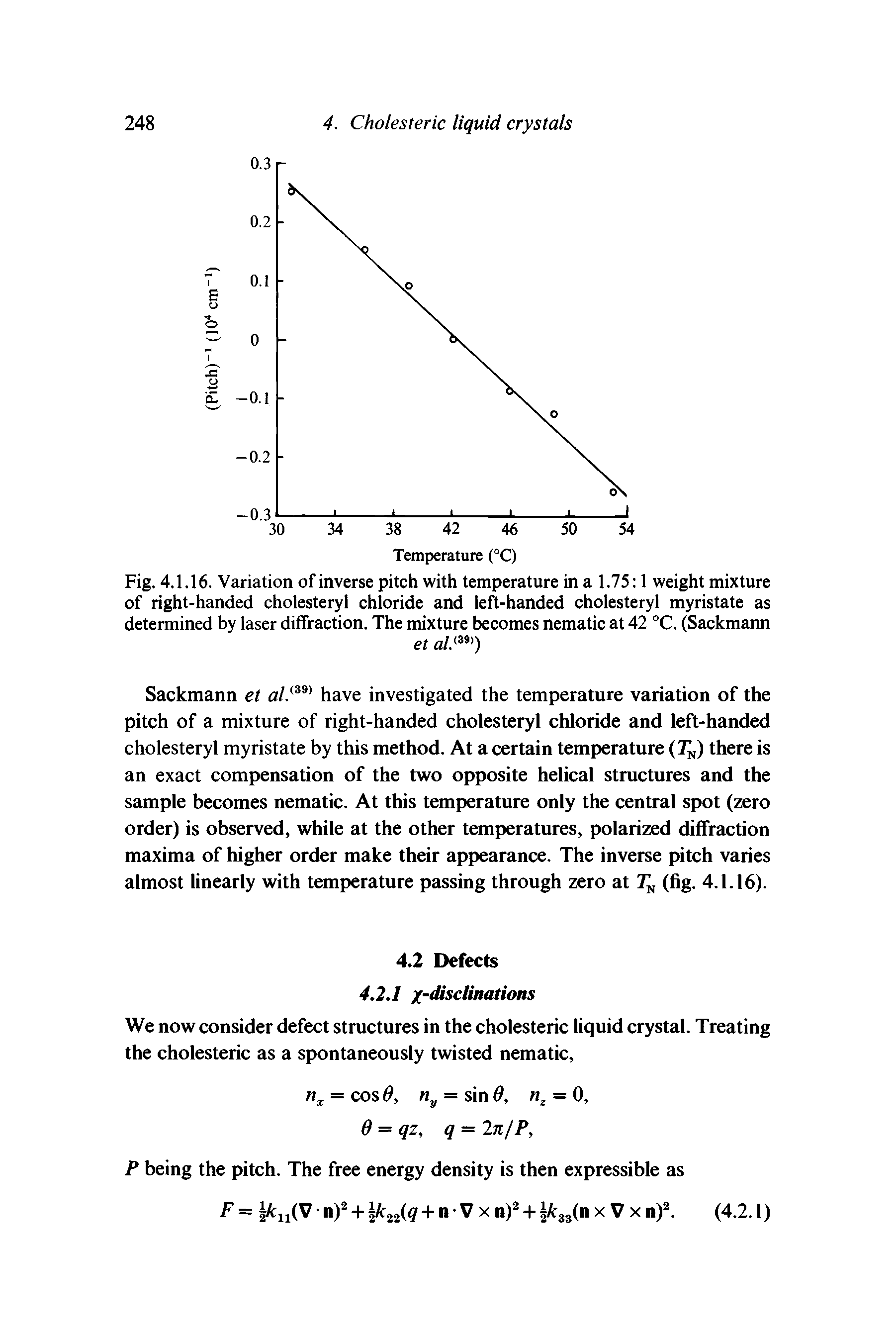 Fig. 4.1.16. Variation of inverse pitch with temperature in a 1.75 1 weight mixture of right-handed cholesteryl chloride and left-handed cholesteryl myristate as determined by laser diffraction. The mixture becomes nematic at 42 °C. (Sackmann...