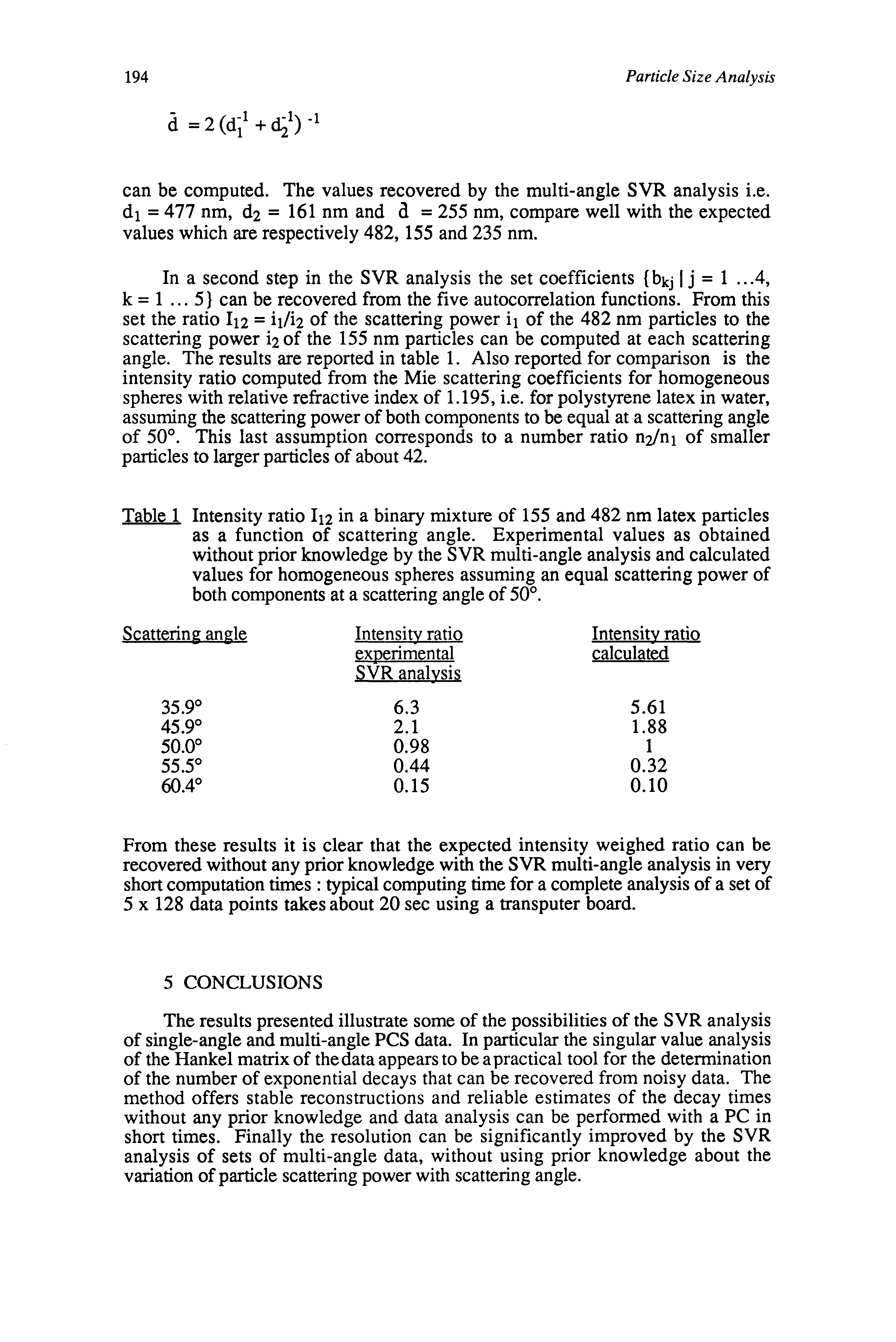 Table 1 Intensity ratio I12 in a binary mixture of 155 and 482 nm latex particles as a function of scattering angle. Experimental values as obtained without prior knowledge by the SVR multi-angle analysis and calculated values for homogeneous spheres assuming an equal scattering power of both components at a scattering angle of 50°.