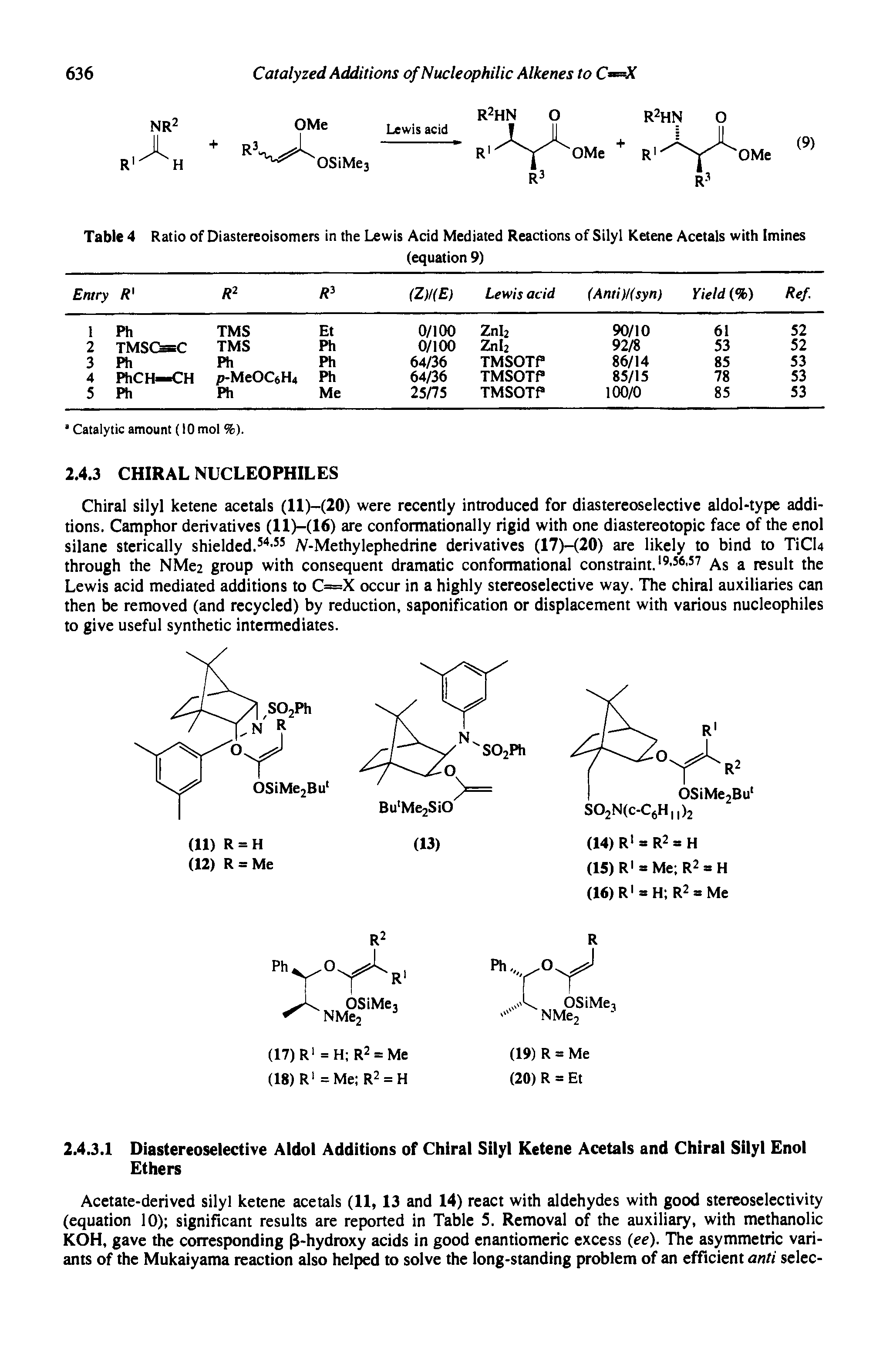 Table 4 Ratio of Diastereoisomers in the Lewis Acid Mediated Reactions of Silyl Ketene Acetals with (mines...