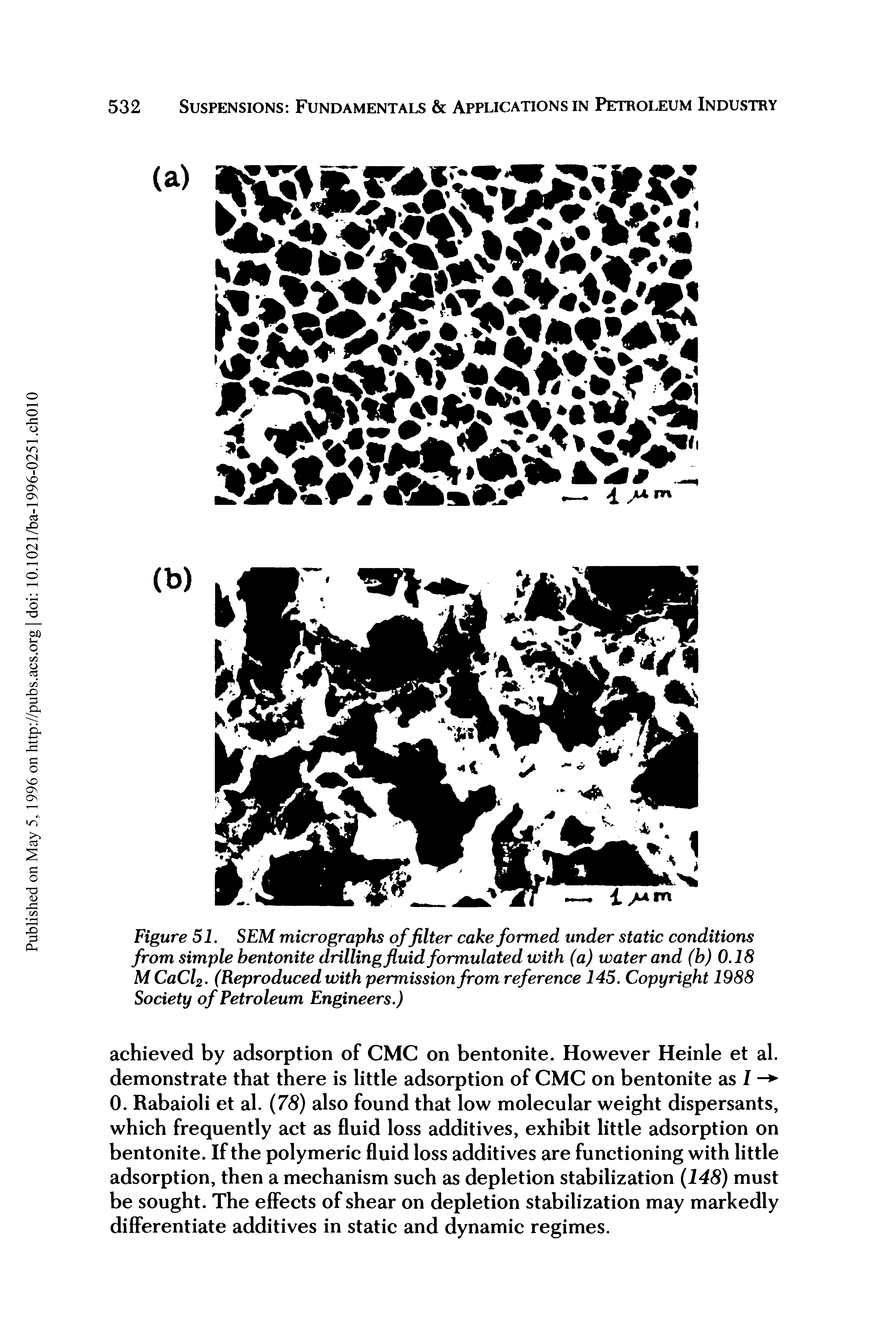 Figure 51. SEM micrographs of filter cake formed under static conditions from simple bentonite drilling fluid formulated with (a) water and (b) 0.18 M CaCl2. (Reproduced with permission from reference 145. Copyright 1988 Society of Petroleum Engineers.)...