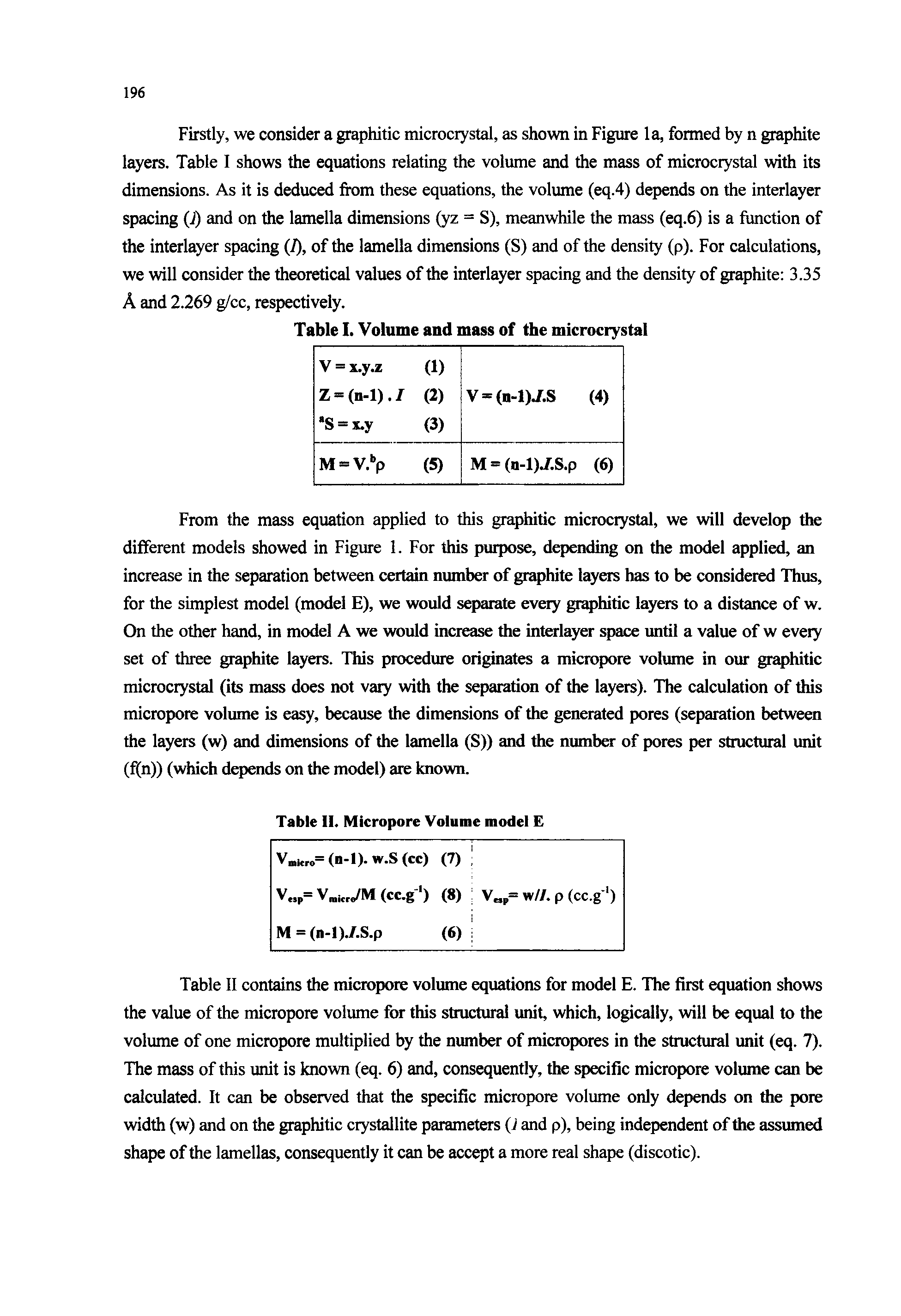 Table II contains the micropore volume equations for model E. The first equation shows the value of the micropore volume for this structural unit, which, logically, will be equal to the volume of one micropore multiplied by the number of micropores in the structural unit (eq. 7). The mass of this unit is known (eq. 6) and, consequently, the specific micropore volume can be calculated. It can be observed that the specific micropore volume only depends on the pore width (w) and on the graphitic crystallite parameters (J and p), being independent of the assumed shape of the lamellas, consequently it can be accept a more real shape (discotic).