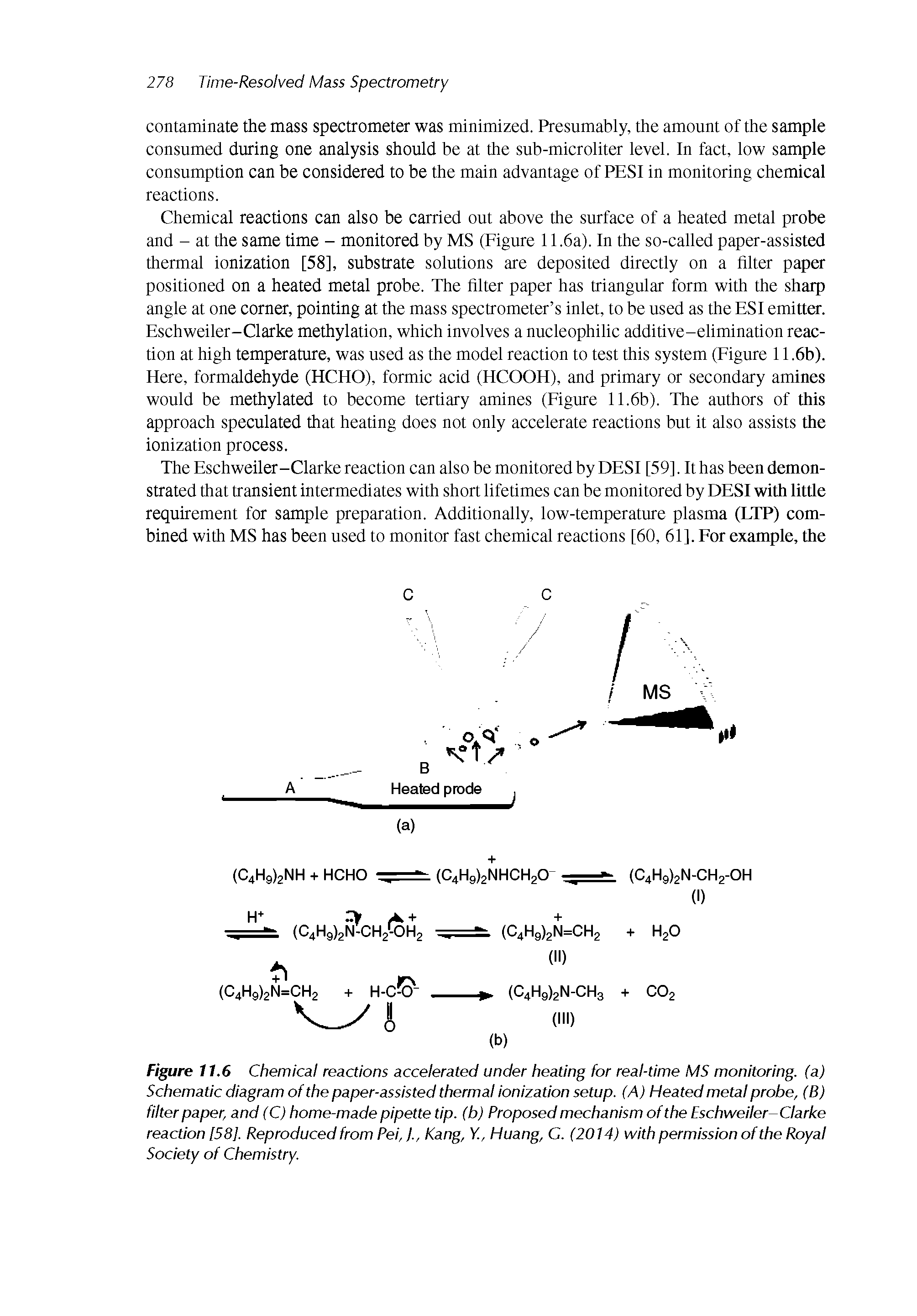 Figure 11.6 Chemical reactions accelerated under heating for real-time MS monitoring, (a) Schematic diagram of the paper-assisted thermal ionization setup. (A) Heated metal probe, (B) filter paper, and (C) home-made pipette tip. (b) Proposed mechanism of the Eschweiler-Clarke reaction [58]. Reproduced from Pei, j., Kang, Y., Huang, C. (2014) with permission of the Royal Society of Chemistry.