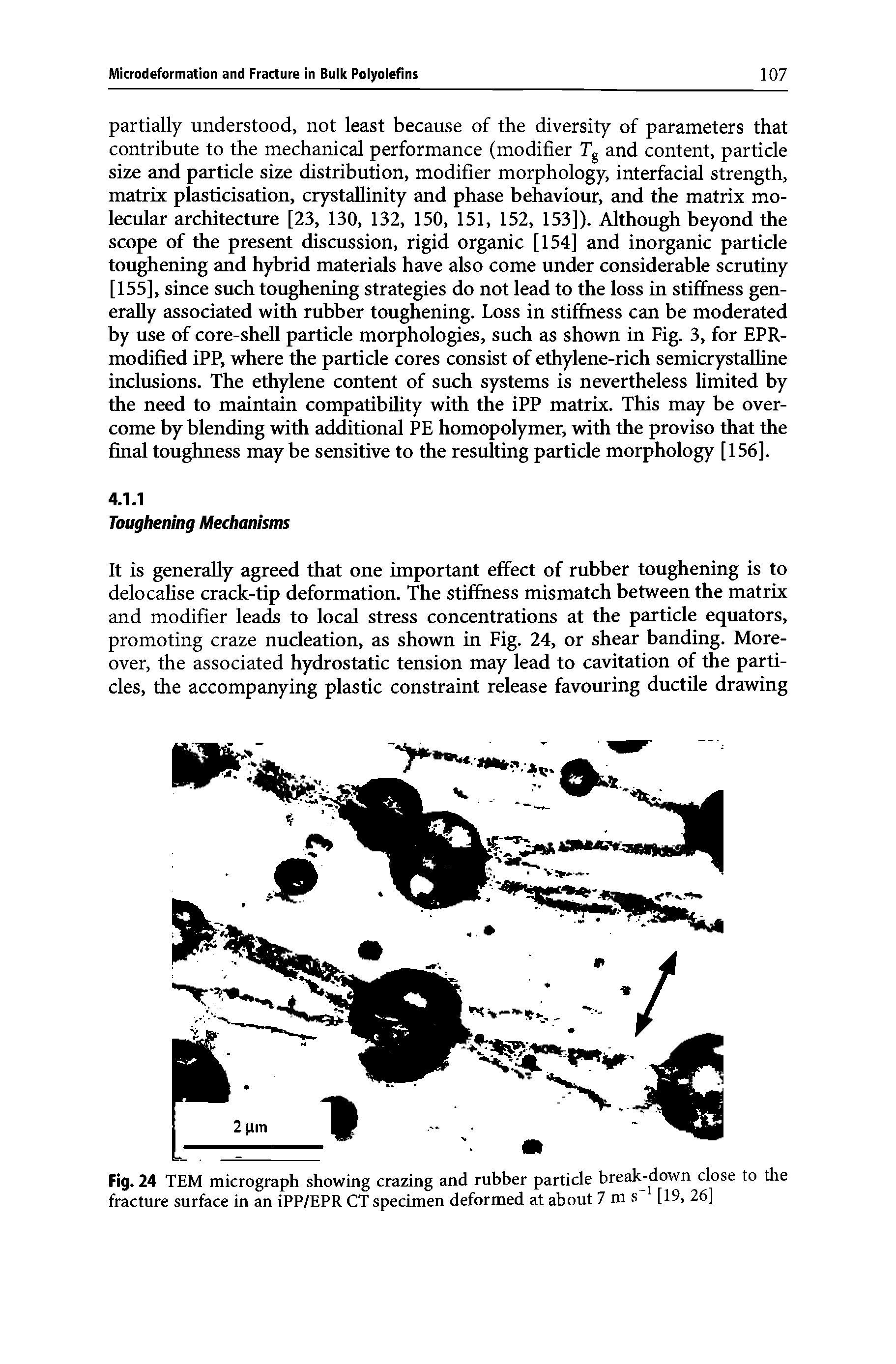 Fig. 24 TEM micrograph showing crazing and rubber particle break-down close to the fracture surface in an iPP/EPR CT specimen deformed at about 7ms [19, 26]...