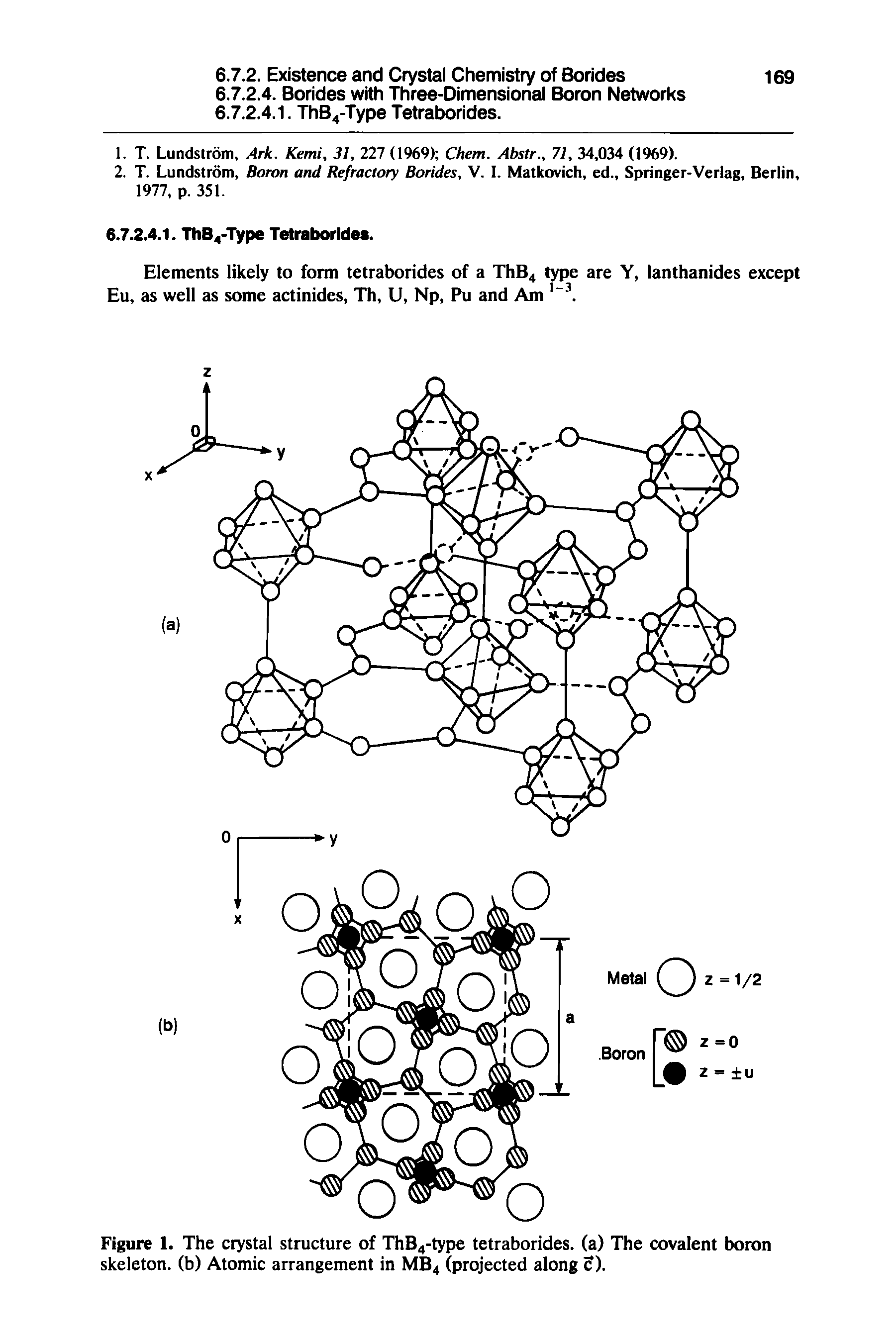 Figure 1. The crystal structure of ThB4-type tetraborides. (a) The covalent boron skeleton, (b) Atomic arrangement in MB4 (projected along 5).