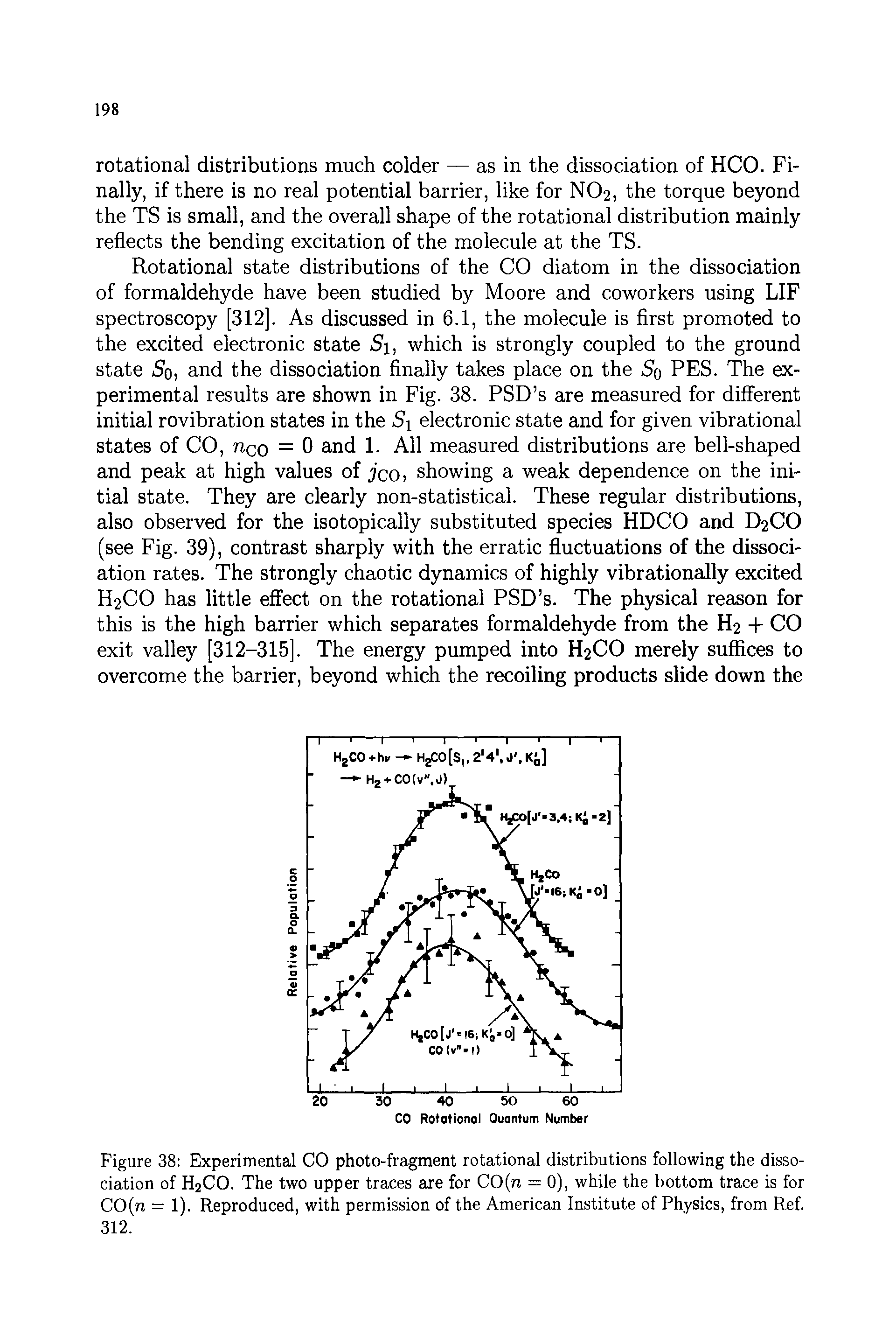 Figure 38 Experimental CO photo-fragment rotational distributions following the dissociation of H2CO. The two upper traces are for CO(n = 0), while the bottom trace is for CO(n = 1). Reproduced, with permission of the American Institute of Physics, from Ref. 312.