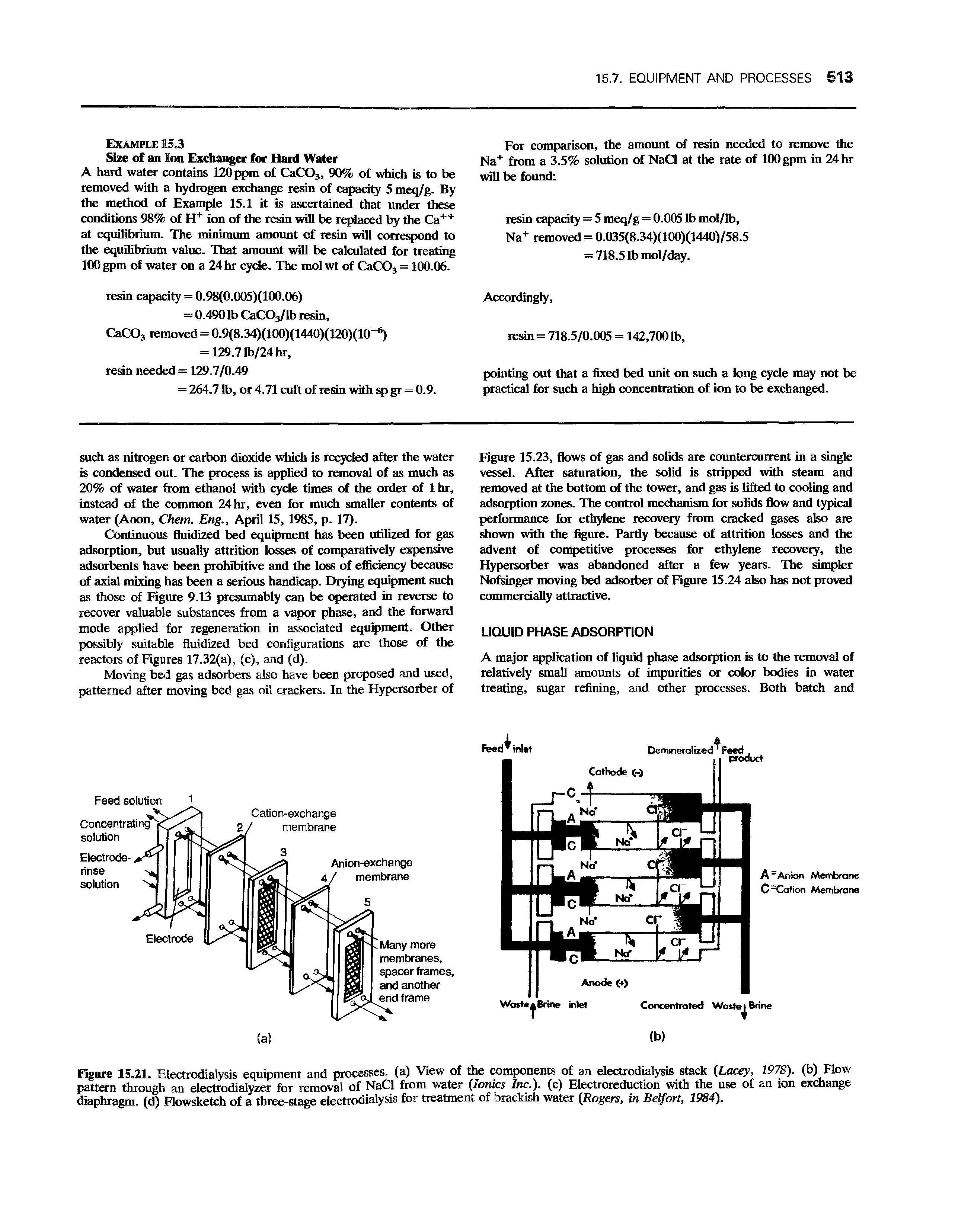 Figure 15.21. Electrodialysis equipment and processes, (a) View of the components of an electrodialysis stack Lacey, 1978). (b) Flow pattern through an electrodialyzer for removal of NaCl from water Ionics Inc.), (c) Electroreduction with the use of an ion exchange diaphragm (d) Flowsketch of a three-stage electrodialysis for treatment of brackish water Rogers, in Belfort, 1984).