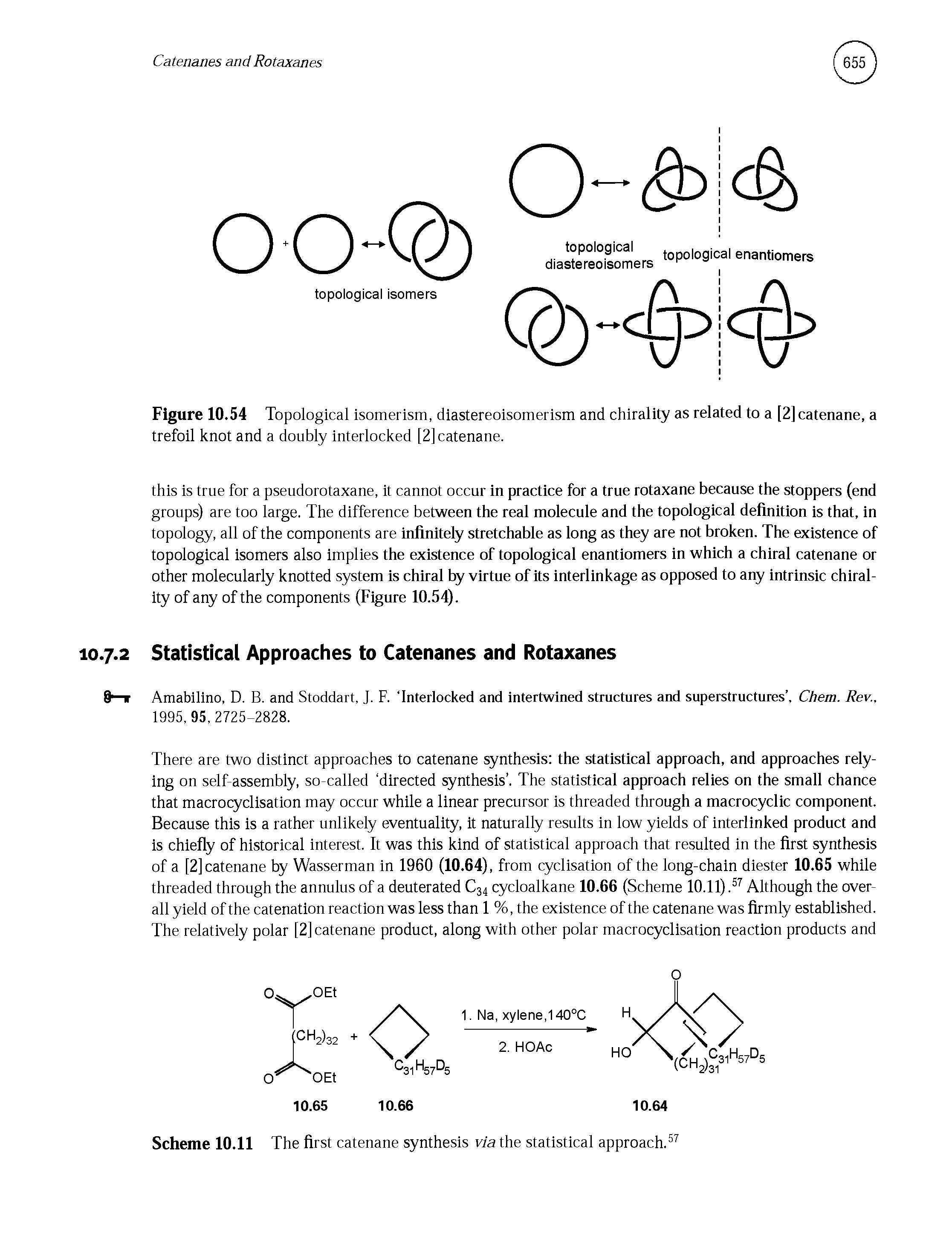 Figure 10.54 Topological isomerism, diastereoisomerism and chirality as related to a [2] catenane, a trefoil knot and a doubly interlocked [2] catenane.
