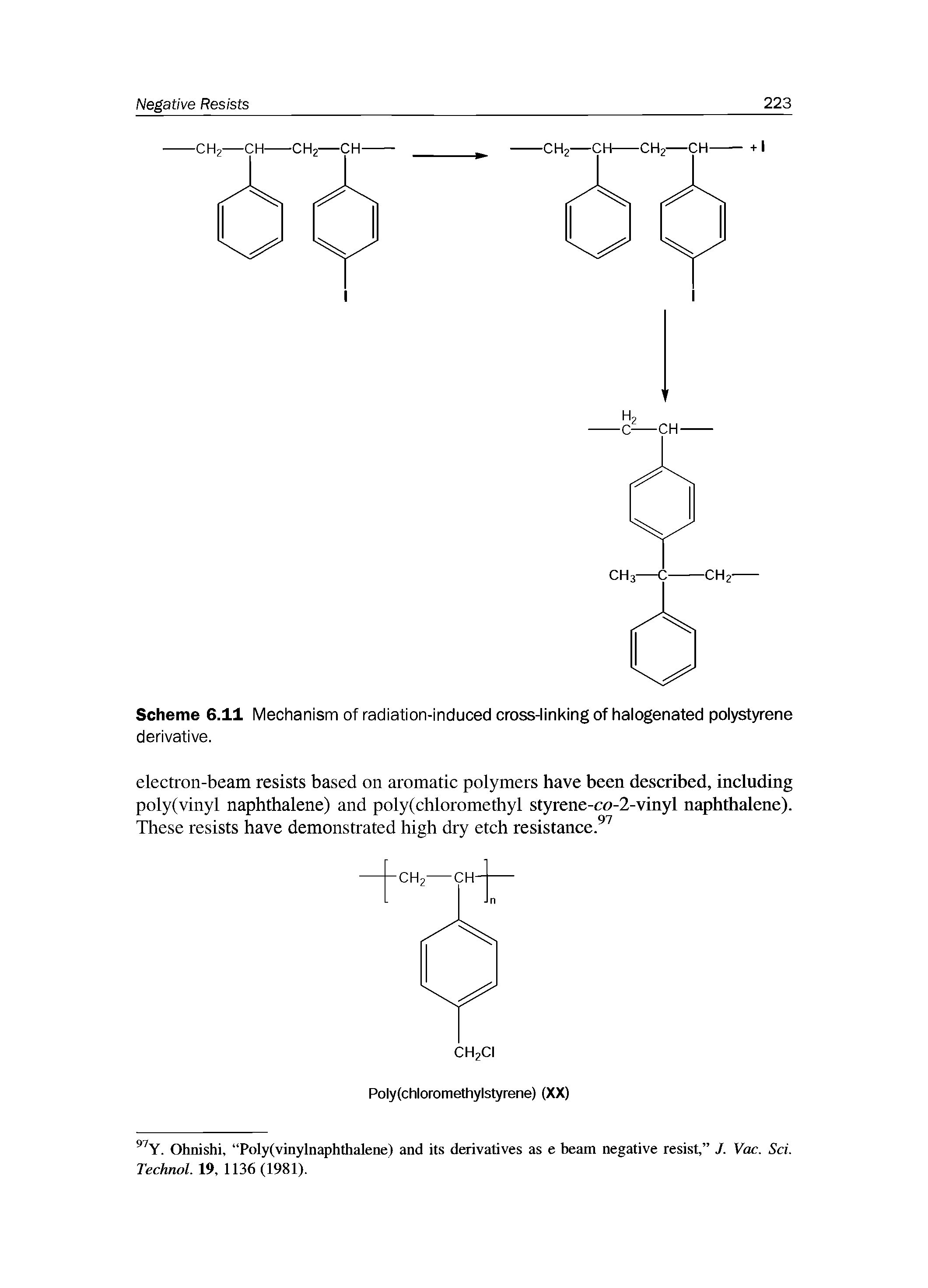 Scheme 6.11 Mechanism of radiation-induced cross-linking of halogenated polystyrene derivative.
