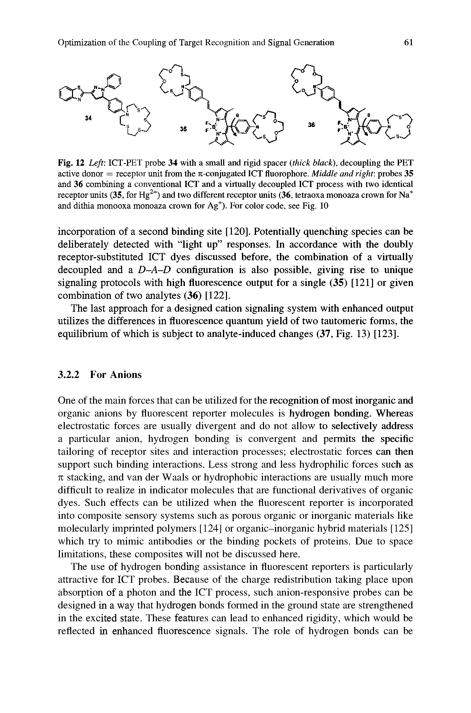 Fig. 12 Left. ICT-PET probe 34 with a small and rigid spacer (thick black), decoupling the PET active donor = receptor unit from the 7c-conjugated ICT fluorophore. Middle and right probes 35 and 36 combining a conventional ICT and a virtually decoupled ICT process with two identical receptor units (35, for Hg2+) and two different receptor units (36, tetraoxa monoaza crown for Na+ and dithia monooxa monoaza crown for Ag+). For color code, see Fig. 10...