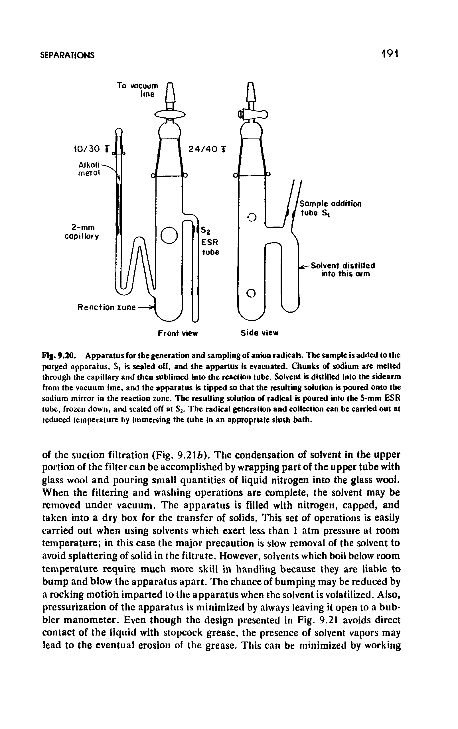 Fig. 9.20. Apparatus for the generation and sampling of anion radicals. The sample is added to the purged apparatus, S, is sealed off, and the appartus is evacuated. Chunks of sodium are melted through the capillary and then sublimed into the reaction tube. Solvent is distilled into the sidearm from the vacuum line, and the apparatus is tipped so that the resulting solution is poured onto the sodium mirror in the reaction zone. The resulting solution of radical is poured into Ihe S-mm HSR tube, frozen down, and sealed off at S2. The radical generation and collection can be carried out at reduced temperature by immersing the tube in an appropriate slush bath.