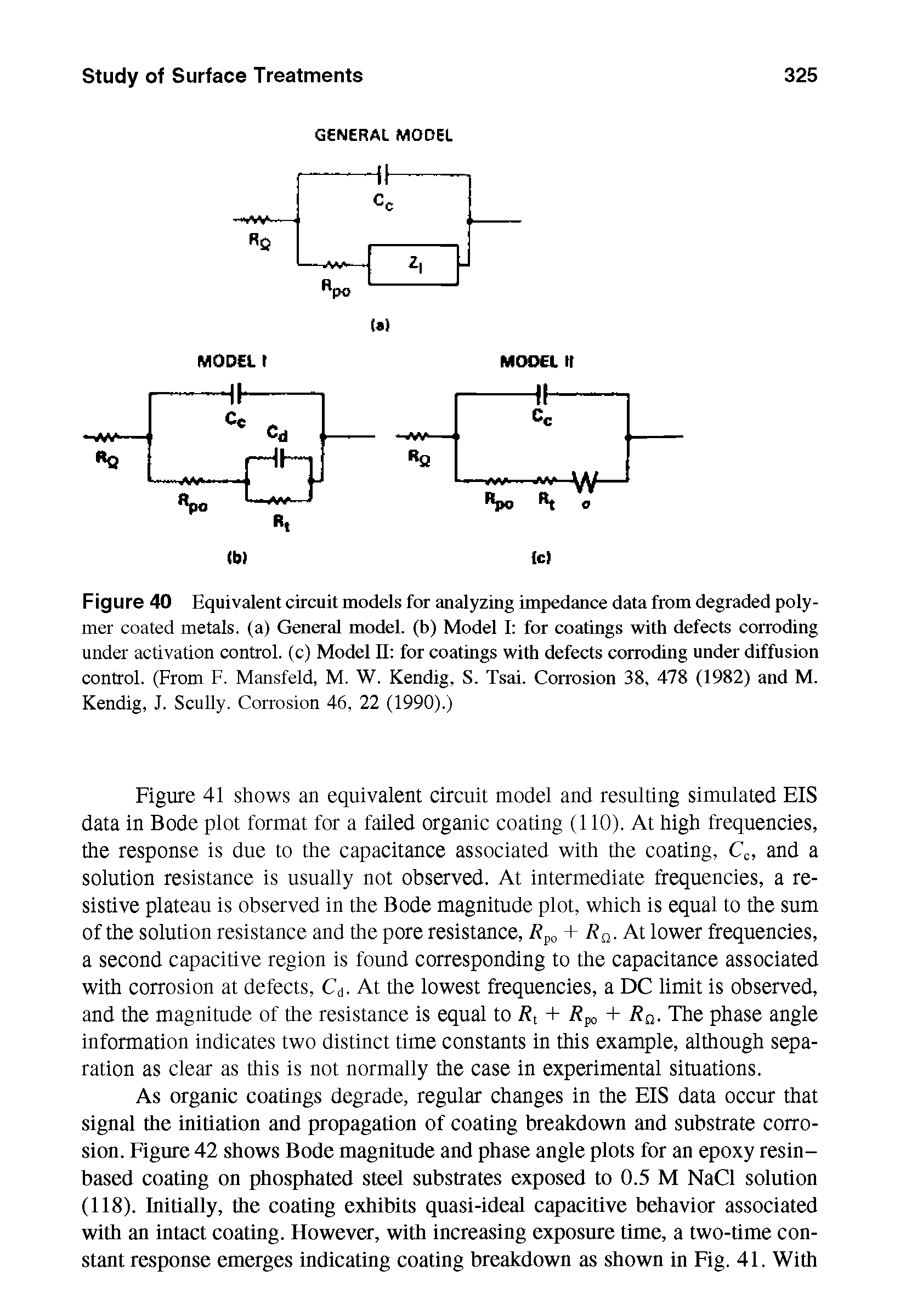 Figure 40 Equivalent circuit models for analyzing impedance data from degraded polymer coated metals, (a) General model, (b) Model I for coatings with defects corroding under activation control, (c) Model II for coatings with defects corroding under diffusion control. (From F. Mansfeld, M. W. Kendig, S. Tsai. Corrosion 38, 478 (1982) and M. Kendig, J. Scully. Corrosion 46, 22 (1990).)...