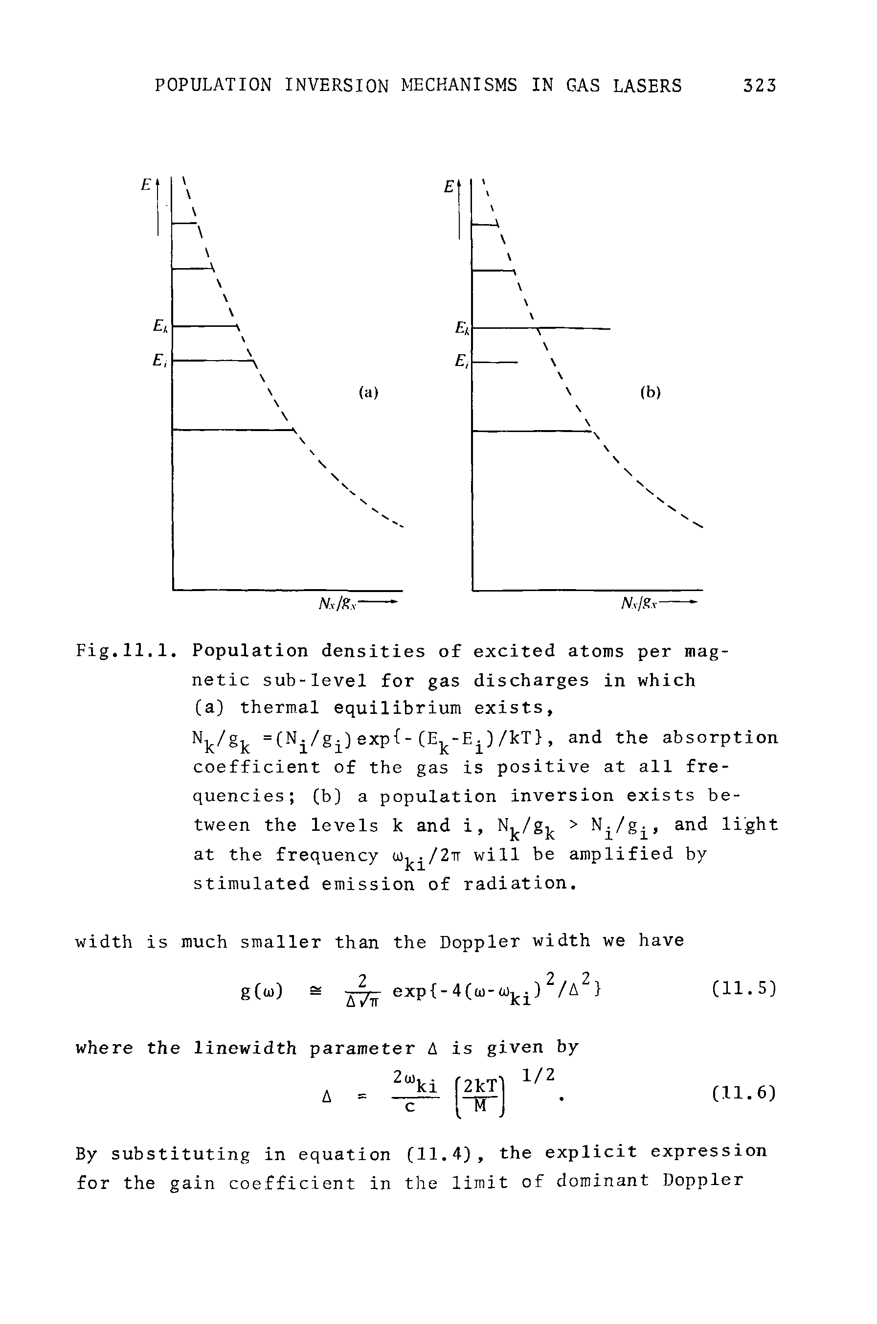 Fig.11.1. Population densities of excited atoms per magnetic sub-level for gas discharges in which (a) thermal equilibrium exists,...