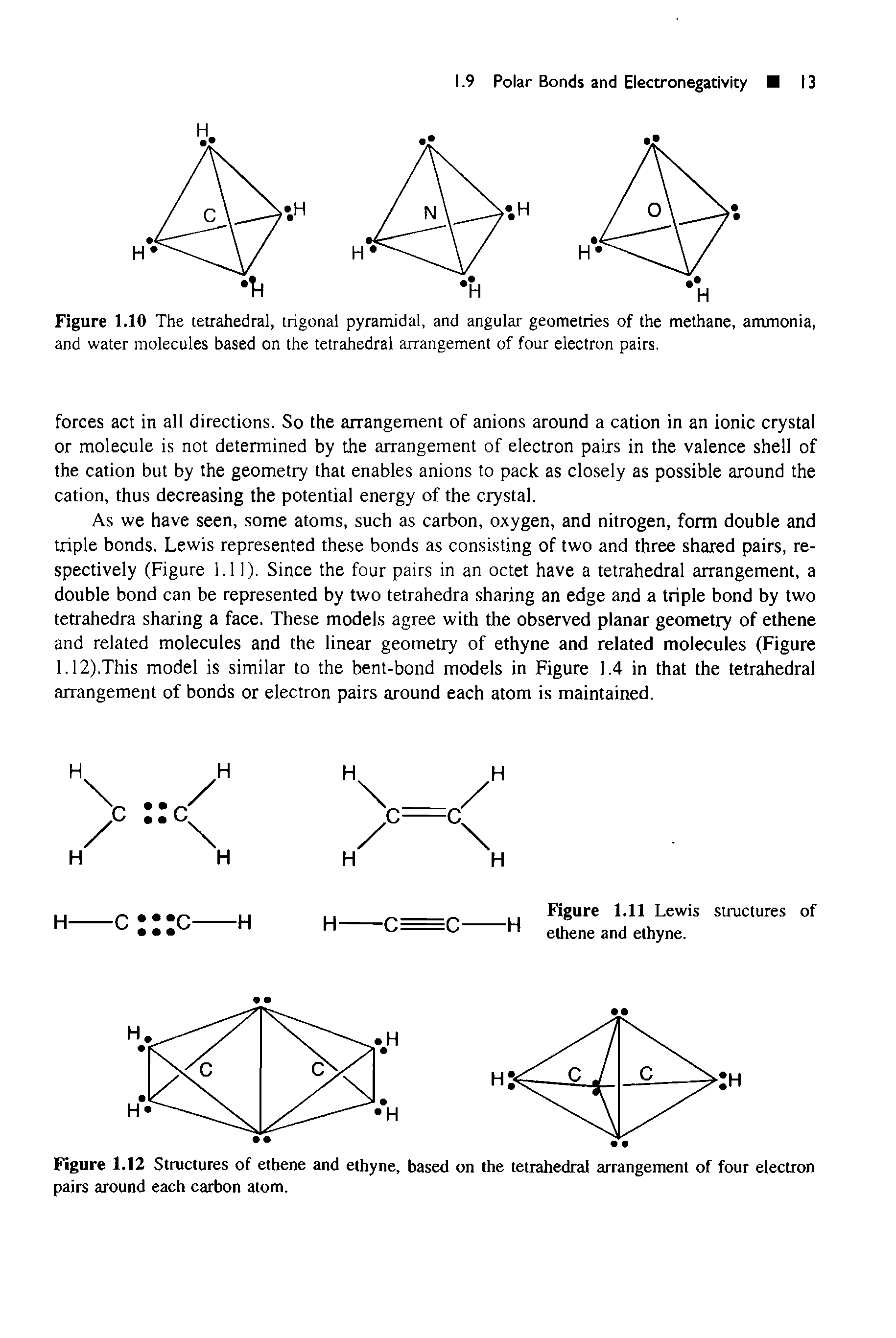 Figure 1.10 The tetrahedral, trigonal pyramidal, and angular geometries of the methane, ammonia, and water molecules based on the tetrahedral arrangement of four electron pairs.
