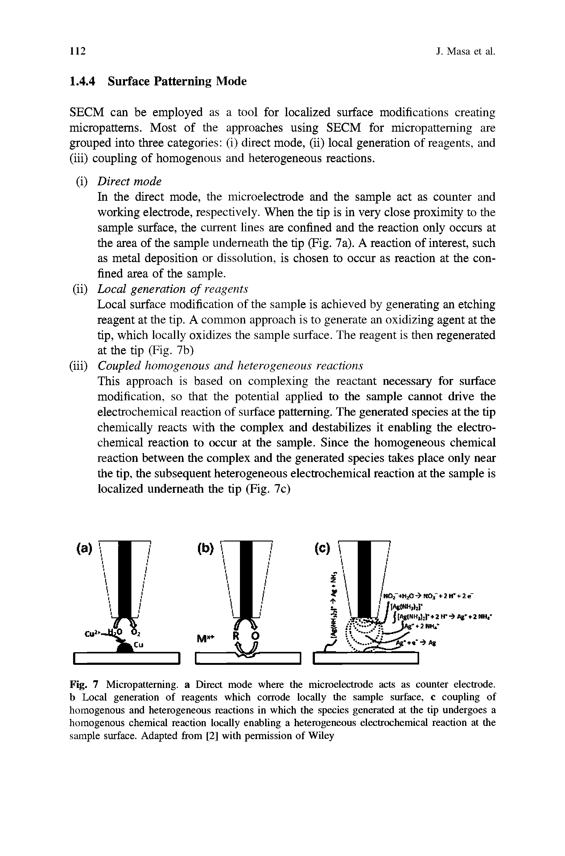 Fig. 7 Micropatteming. a Direct mode where the microelectrode acts as counter electrode, b Local generation of reagents which corrode locally the sample surface, c coupling of homogenous and heterogeneous reactions in which the species generated at the tip undergoes a homogenous chemical reaction locally enabling a heterogeneous electrochemical reaction at the sample surface. Adapted from [2] with permission of Wiley...