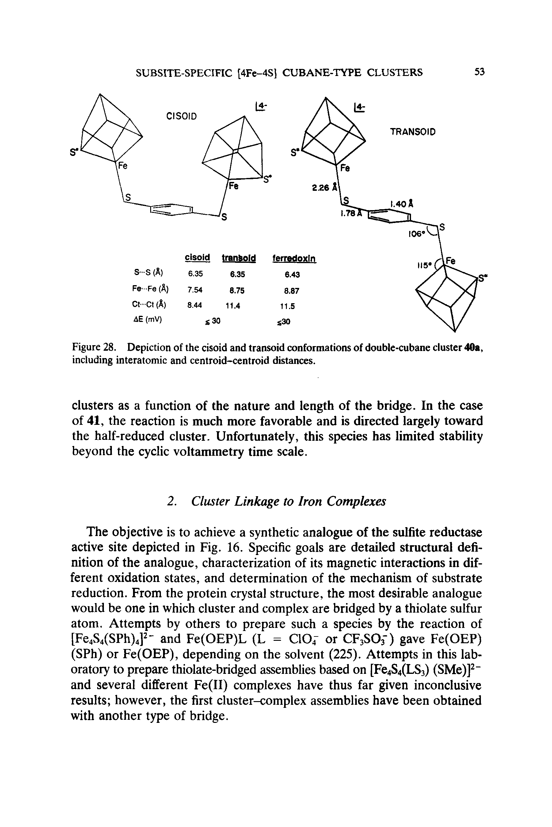 Figure 28. Depiction of the cisoid and transoid conformations of double-cubane cluster 40a, including interatomic and centroid-centroid distances.