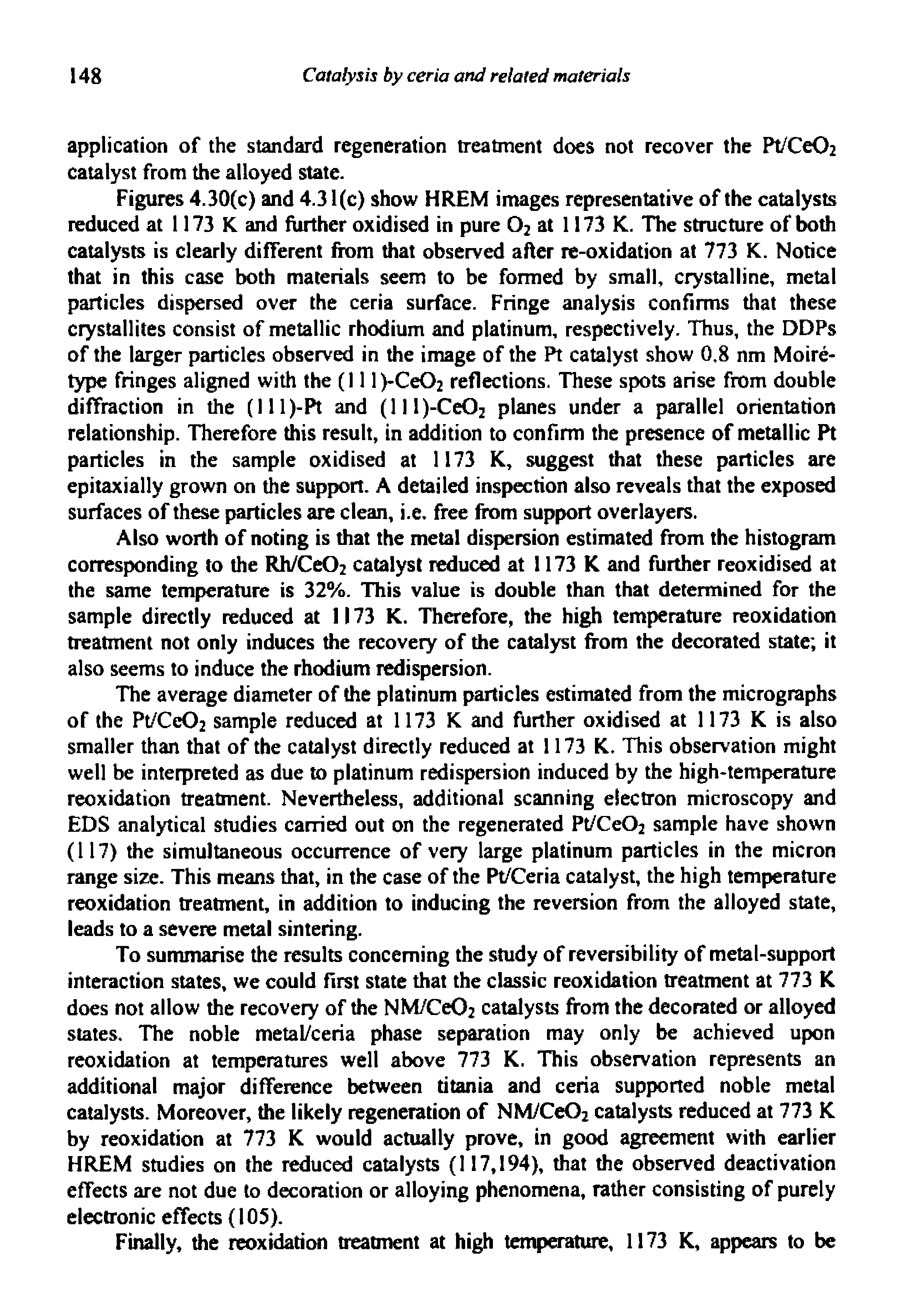 Figures 4.30(c) and 4.31(c) show HREM images representative of the catalysts reduced at 1173 K and further oxidised in pure O2 at 1173 K. The structure of both catalysts is clearly different from that observed after re-oxidation at 773 K. Notice that in this case both materials seem to be formed by small, crystalline, metal particles dispersed over the ceria surface. Fringe analysis confirms that these crystallites consist of metallic rhodium and platinum, respectively. Thus, the DDPs of the larger particles observed in the image of the Pt catalyst show 0.8 nm Moire-type fringes aligned with the (111 )-Ce02 reflections. These spots arise from double diffraction in the (lll)-Pt and (Ill)-Ce02 planes under a parallel orientation relationship. Therefore this result, in addition to confirm the presence of metallic Pt particles in the sample oxidised at 1173 K, suggest that these particles are epitaxially grown on the support. A detailed inspection also reveals that the exposed surfaces of these particles are clean, i.e. free from support overlayers.