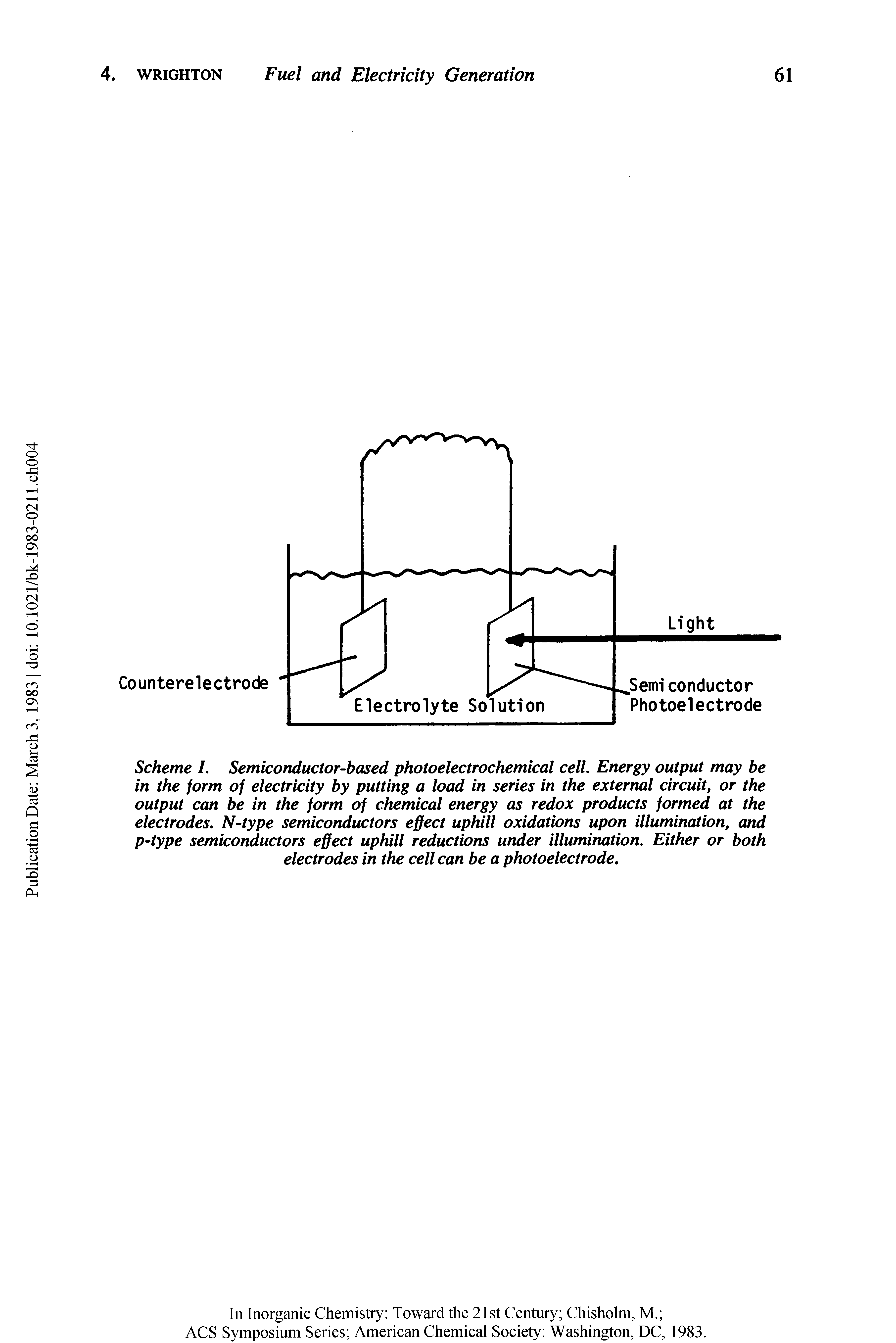 Scheme I. Semiconductor-based photoelectrochemical cell. Energy output may be in the form of electricity by putting a load in series in the external circuit, or the output can be in the form of chemical energy as redox products formed at the electrodes. N-type semiconductors effect uphill oxidations upon illumination, and p-type semiconductors effect uphill reductions under illumination. Either or both electrodes in the cell can be a photoelectrode.