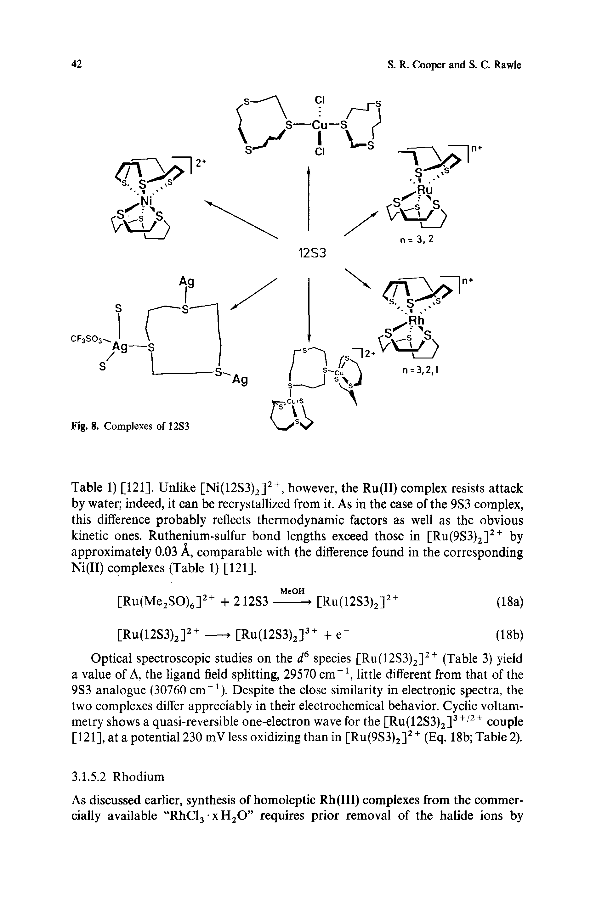 Table 1) [121]. Unlike [Ni(12S3)2], however, the Ru(II) complex resists attack by water indeed, it can be recrystallized from it. As in the case of the 9S3 complex, this difference probably reflects thermodynamic factors as well as the obvious kinetic ones. Ruthenium-sulfur bond lengths exceed those in [Ru(9S3)2] by approximately 0.03 A, comparable with the difference found in the corresponding Ni(II) complexes (Table 1) [121].