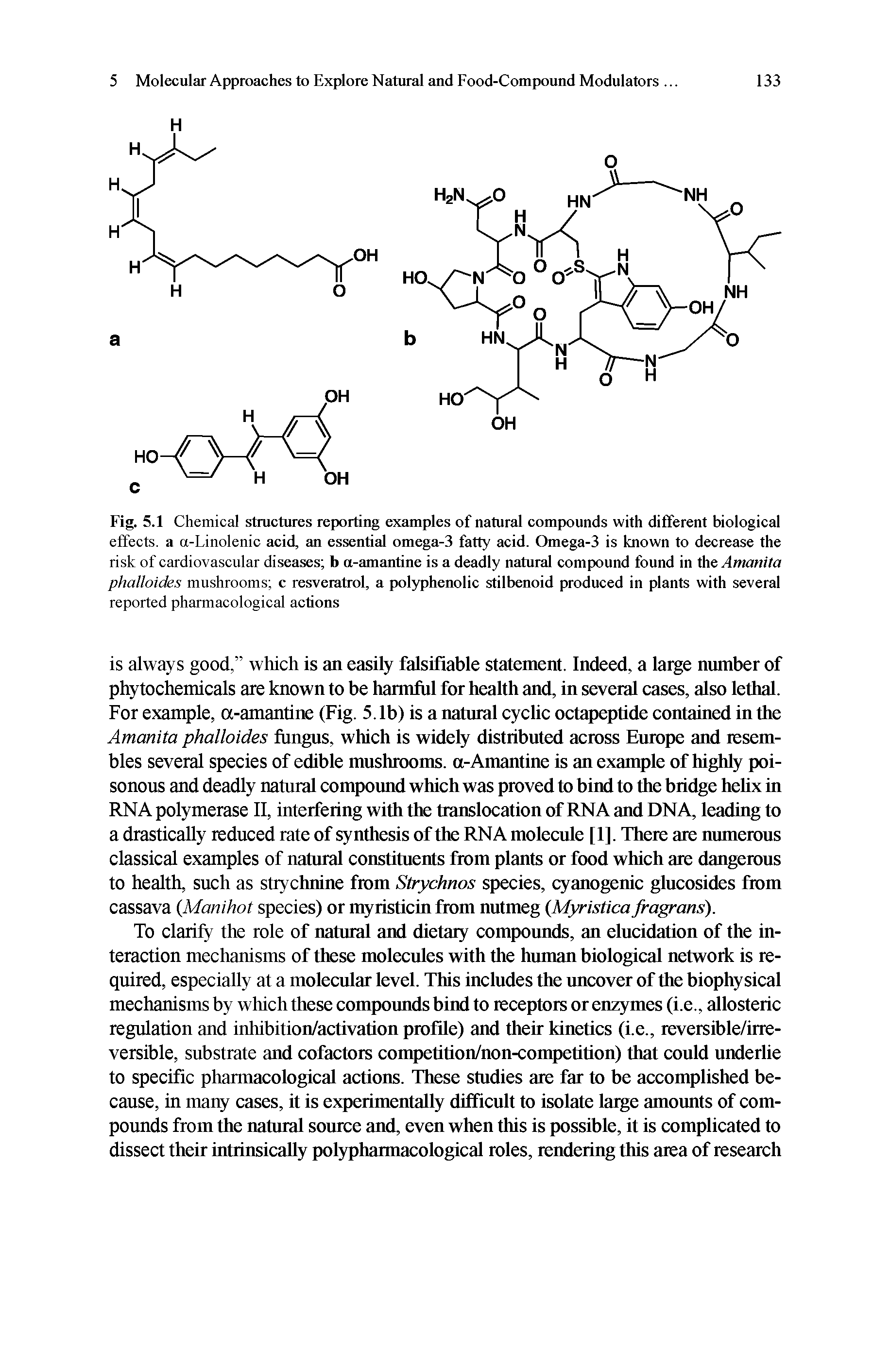 Fig. 5.1 Chemical structures reporting examples of natural compounds with different biological effects, a a-Linolenic acid, an essential omega-3 fatty acid. Omega-3 is known to decrease the risk of cardiovascular diseases b a-amantine is a deadly natural compound found in the Amanita phalloides mushrooms c resveratrol, a polyphenolic stilbenoid produced in plants with several reported pharmacological actions...