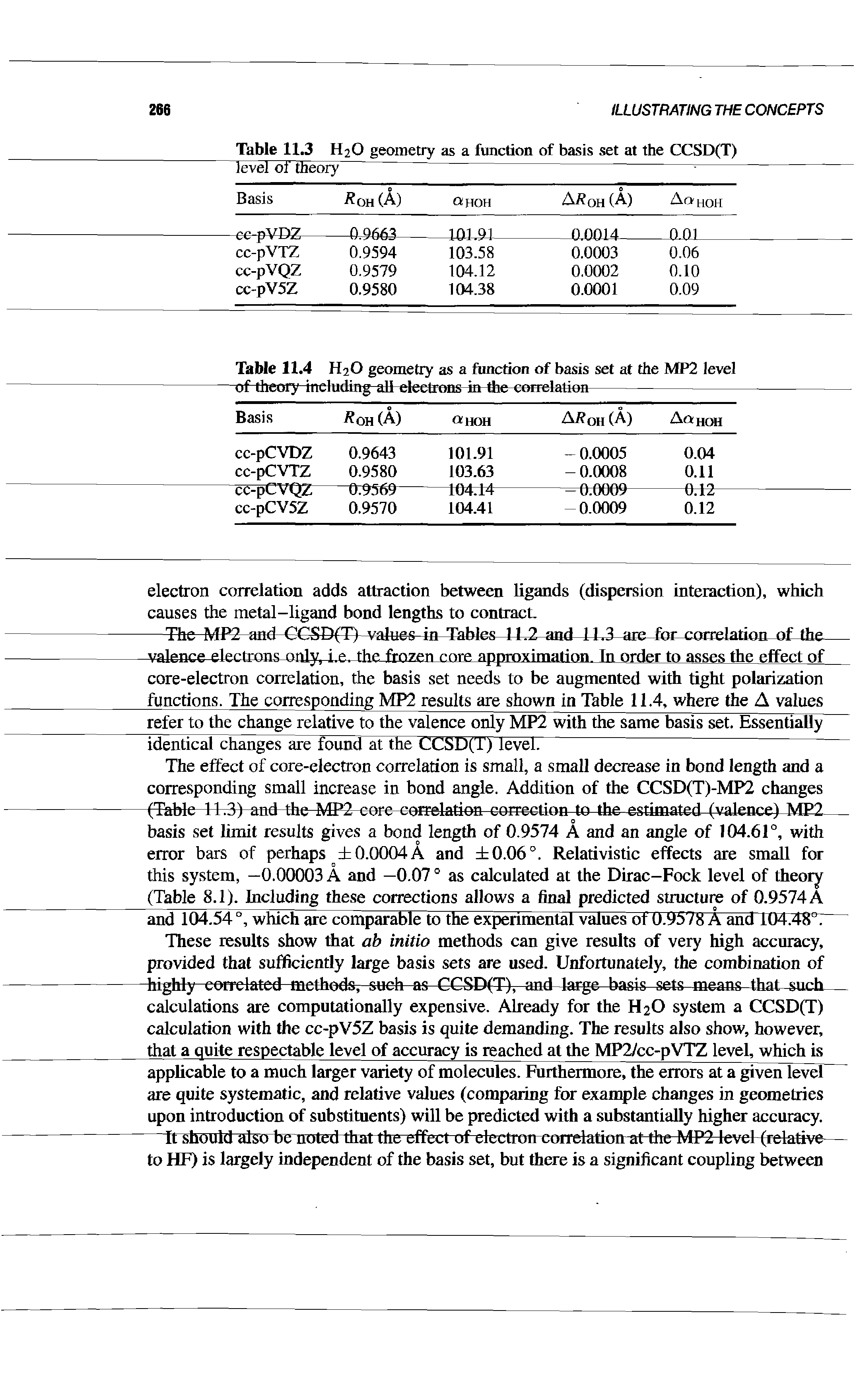 Table 11.4 H2O geometry as a function of basis set at the MP2 level of theory including all electrons in the correlation-----------------------...