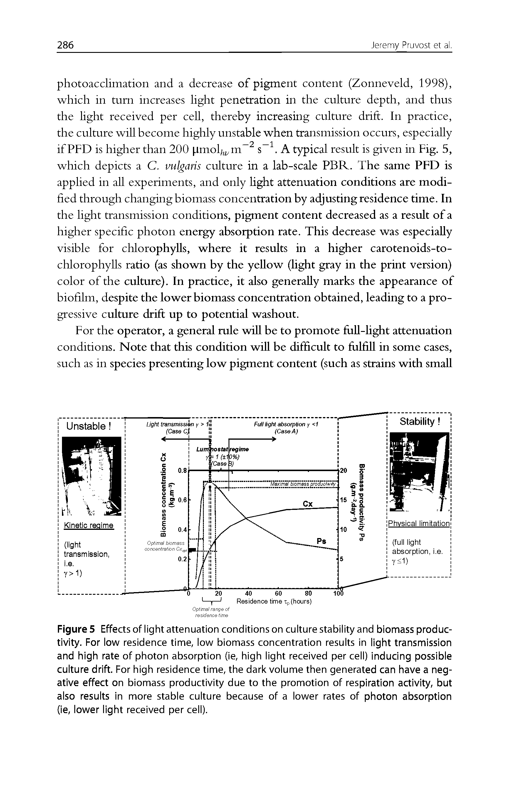 Figure 5 Effects of light attenuation conditions on culture stability and biomass productivity. For low residence time, low biomass concentration results in light transmission and high rate of photon absorption (ie, high light received per cell) inducing possible culture drift. For high residence time, the dark volume then generated can have a negative effect on biomass productivity due to the promotion of respiration activity, but also results in more stable culture because of a lower rates of photon absorption (ie, lower light received per cell).