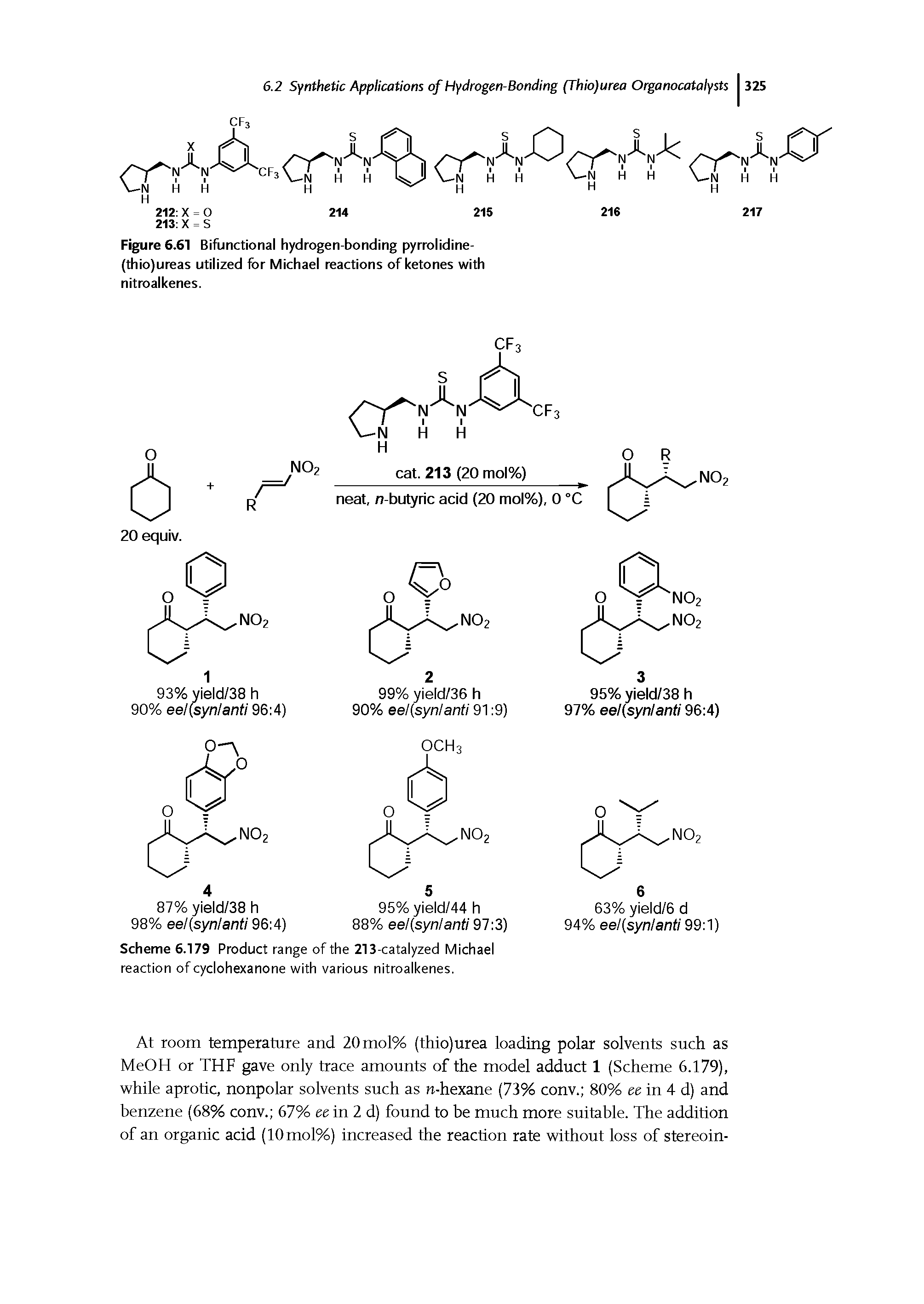 Scheme 6.179 Product range of the 213-catalyzed Michael reaction of cyclohexanone with various nitroalkenes.
