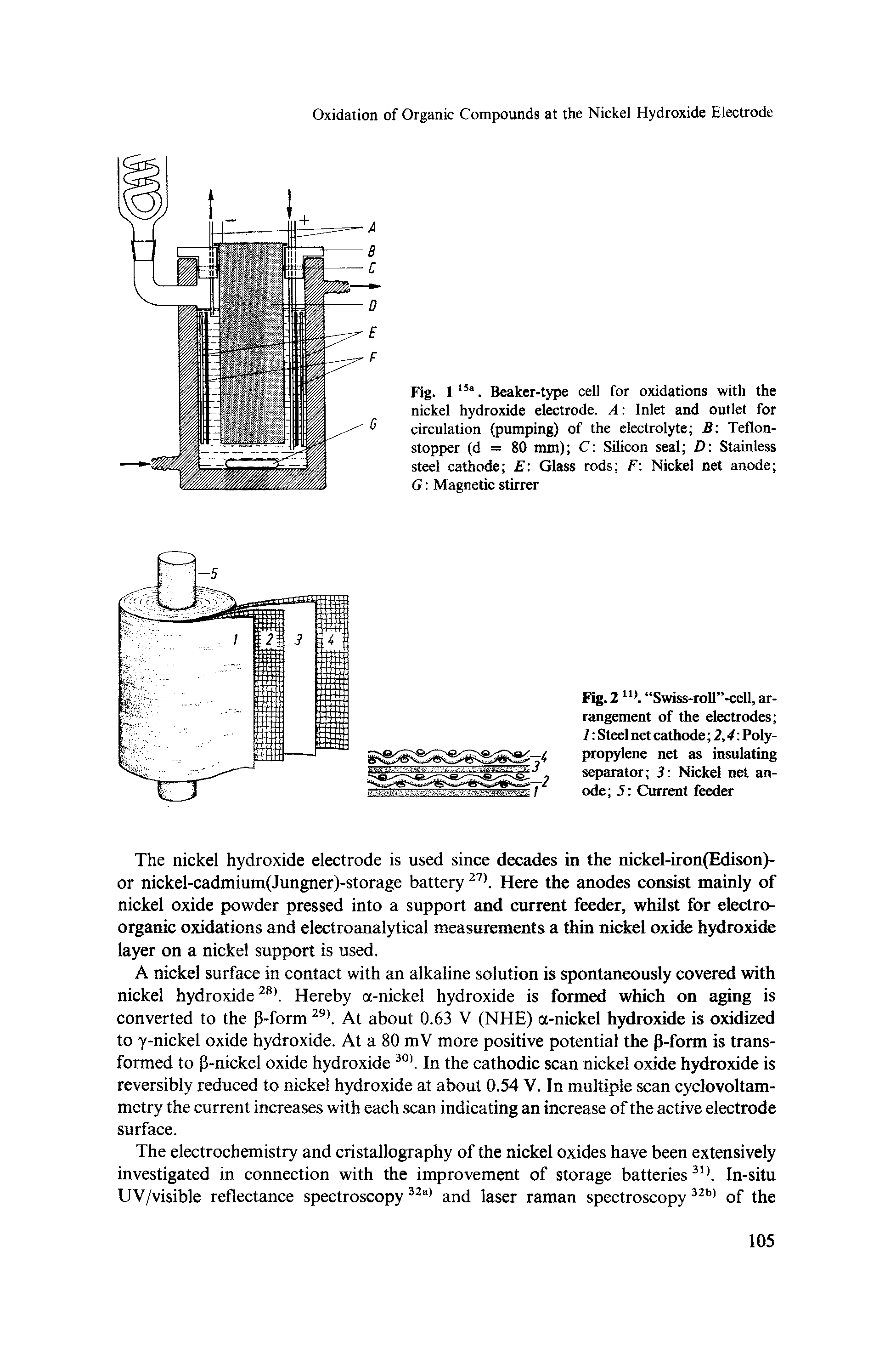Fig. 1 5 . Beaker-type cell for oxidations with the nickel hydroxide electrode. A Inlet and outlet for circulation (pumping) of the electrolyte B Teflon-stopper (d = 80 nun) C Silicon seal D Stainless steel cathode E Glass rods F Nickel net anode G Magnetic stirrer...