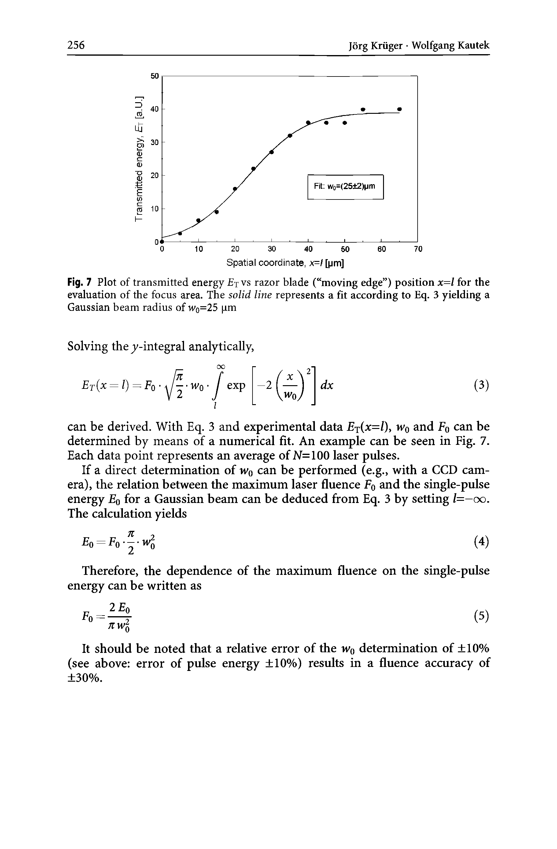 Fig. 7 Plot of transmitted energy t vs razor blade ( moving edge ) position x=l for the evaluation of the focus area. The solid line represents a fit according to Eq. 3 yielding a Gaussian beam radius of Wq=25 pm...