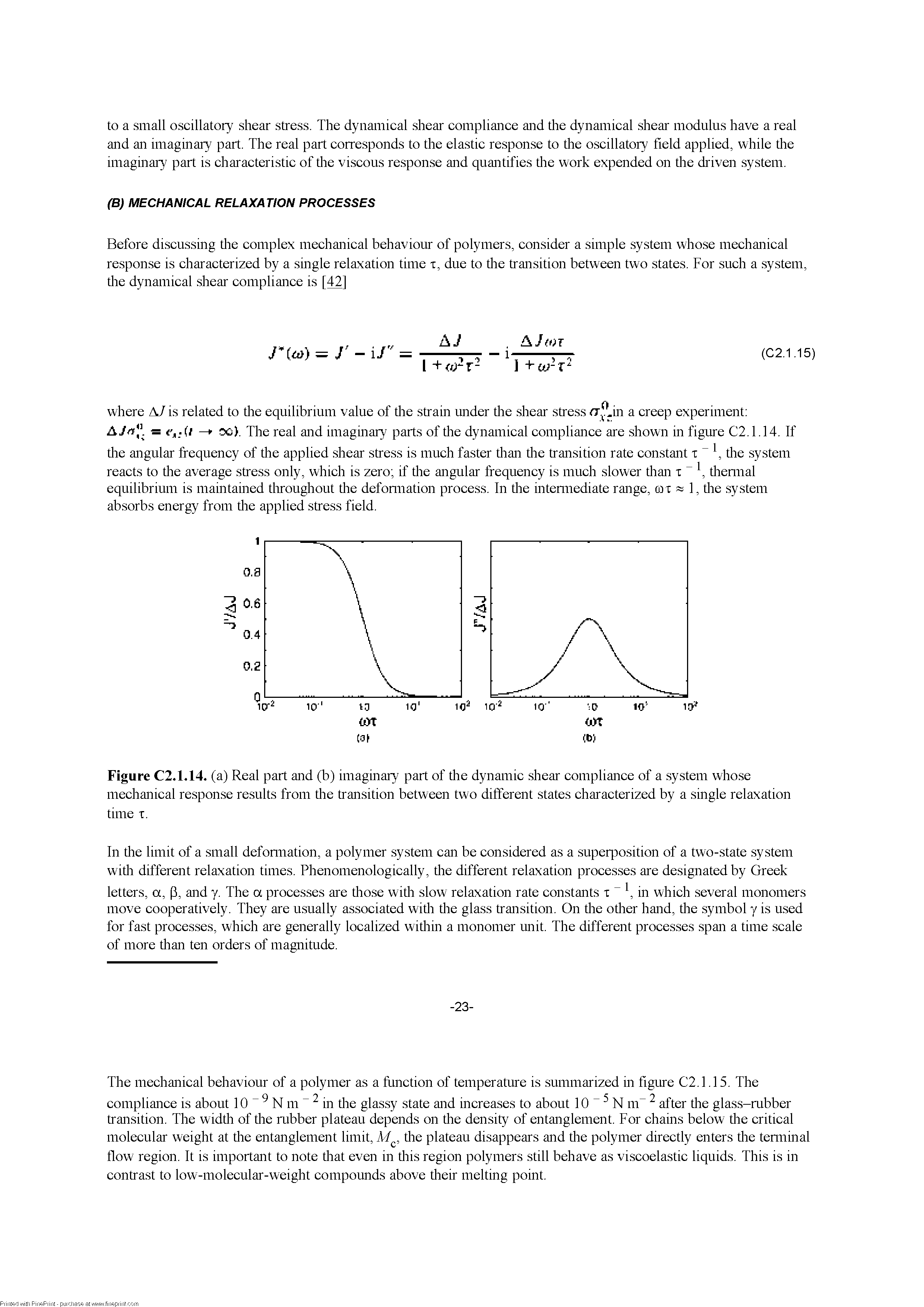 Figure C2.1.14. (a) Real part and (b) imaginary part of tire dynamic shear compliance of a system whose mechanical response results from tire transition between two different states characterized by a single relaxation time X.