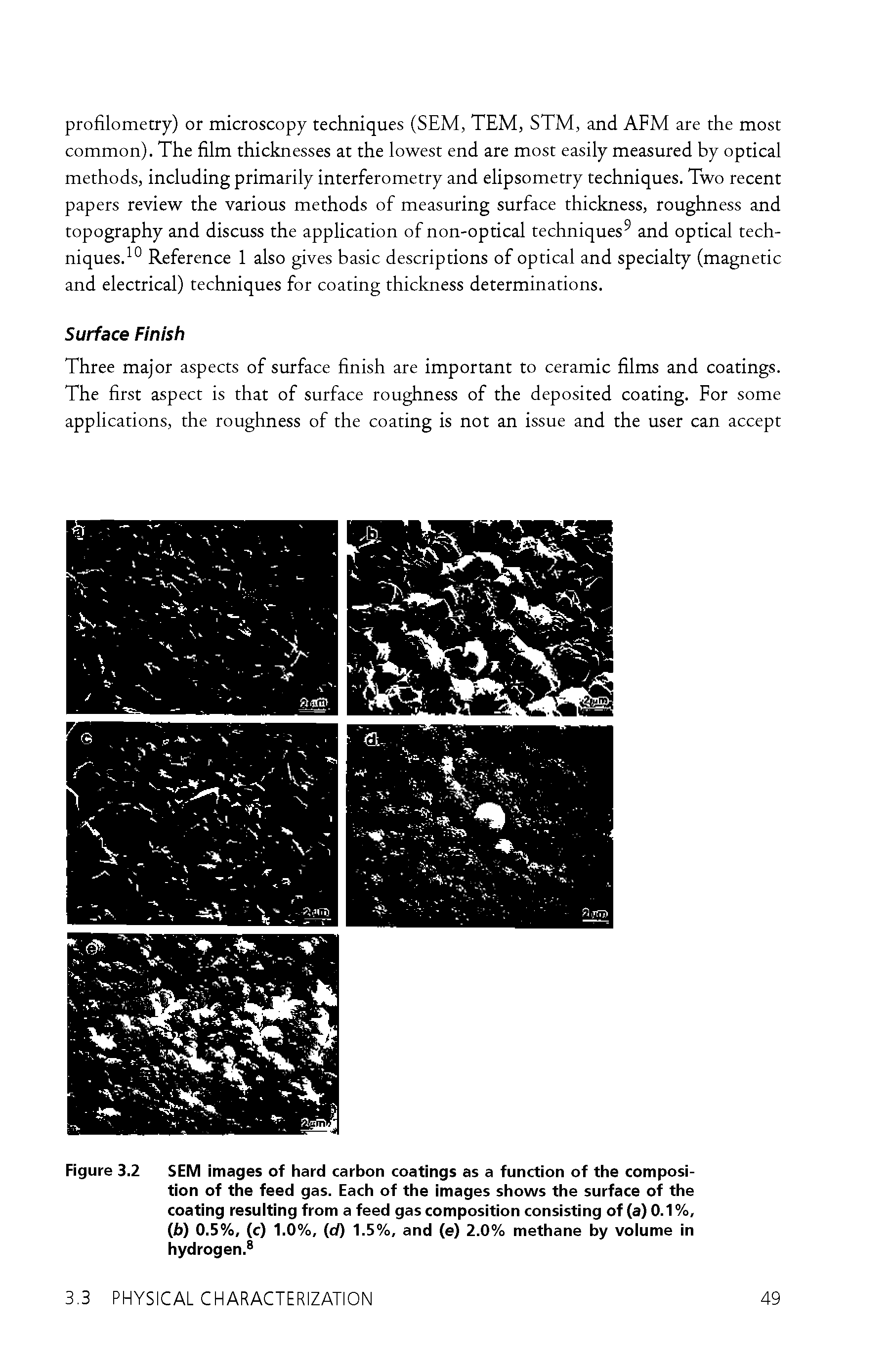 Figure 3.2 SEM images of hard carbon coatings as a function of the composition of the feed gas. Each of the images shows the surface of the coating resulting from a feed gas composition consisting of (a) 0.1 %, (fa) 0.5%, (c) 1.0%, (d) 1.5%, and (e) 2.0% methane by volume in hydrogen. ...