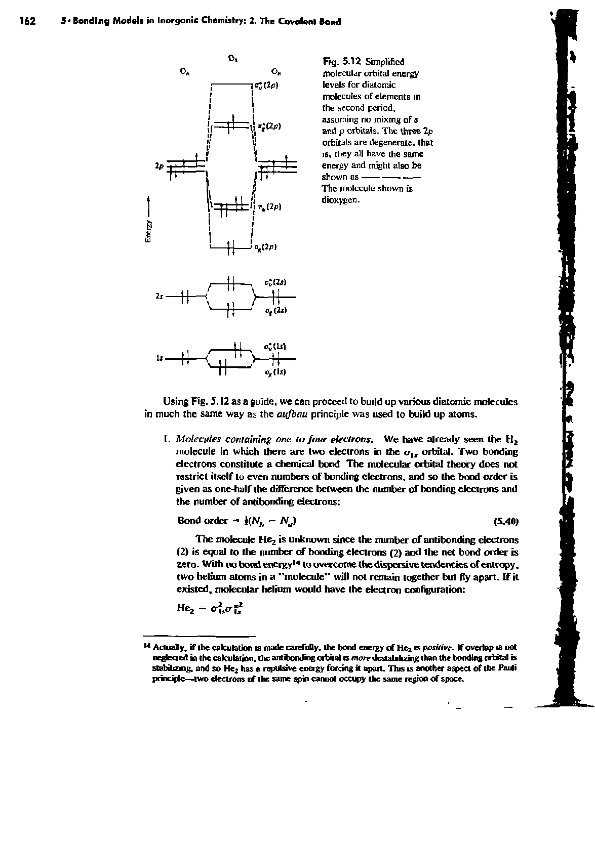 Fig. 5.12 Simplified molecular orbital energy levels for diatomic molecules of elements in the second period, assuming no mixing of s and p orbitals. The three 2p orbitals are degenerate, that is, they all have the same energy and might also be...