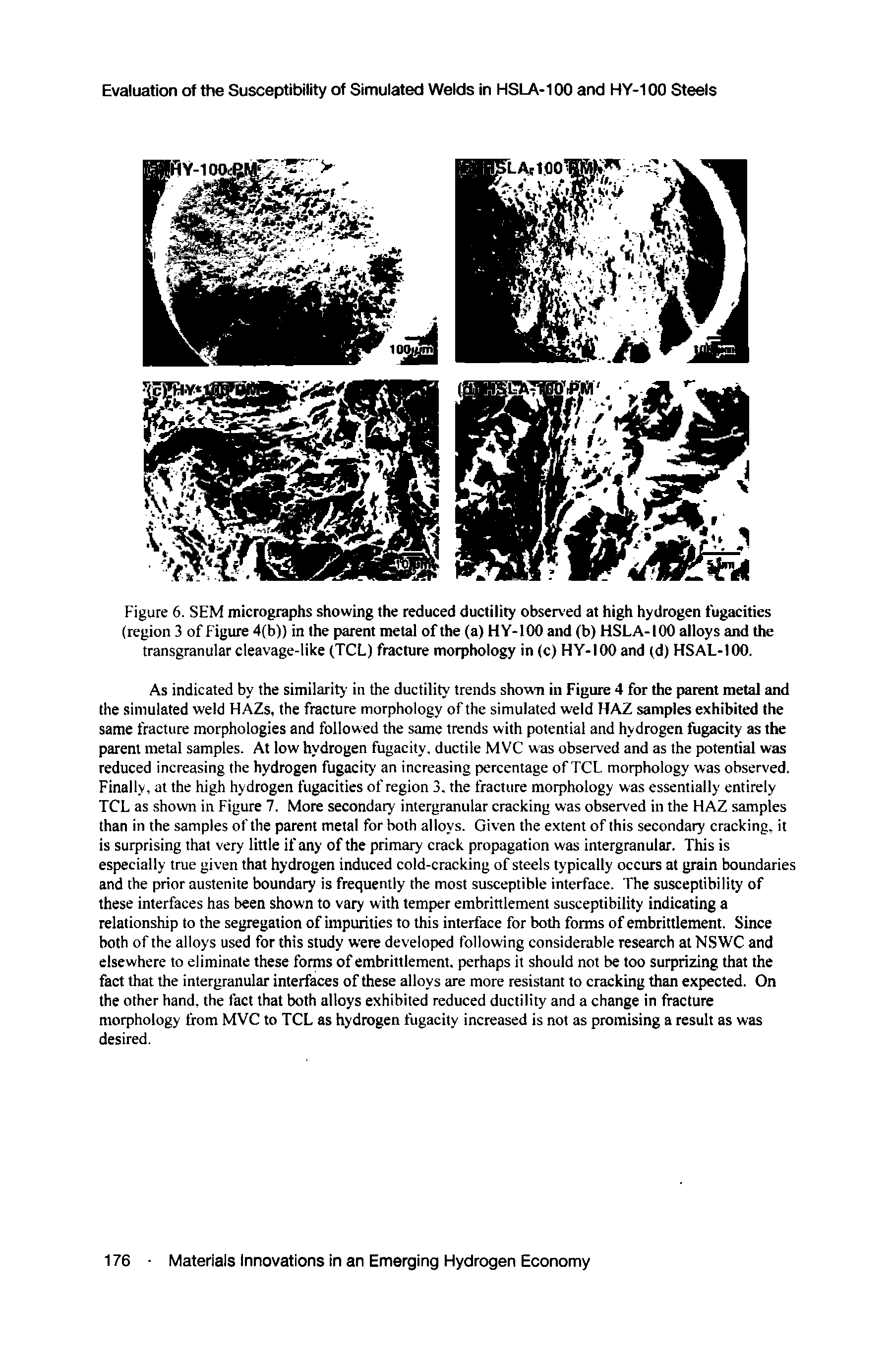 Figure 6. SEM micrographs showing the reduced ductility observed at high hydrogen fugacities (region 3 of Figure 4(b)) in the parent metal of the (a) HY-100 and (b) HSLA-100 alloys and the transgranular cleavage-like (TCL) fracture morphology in (c) HY-100 and (d) HSAL-100.