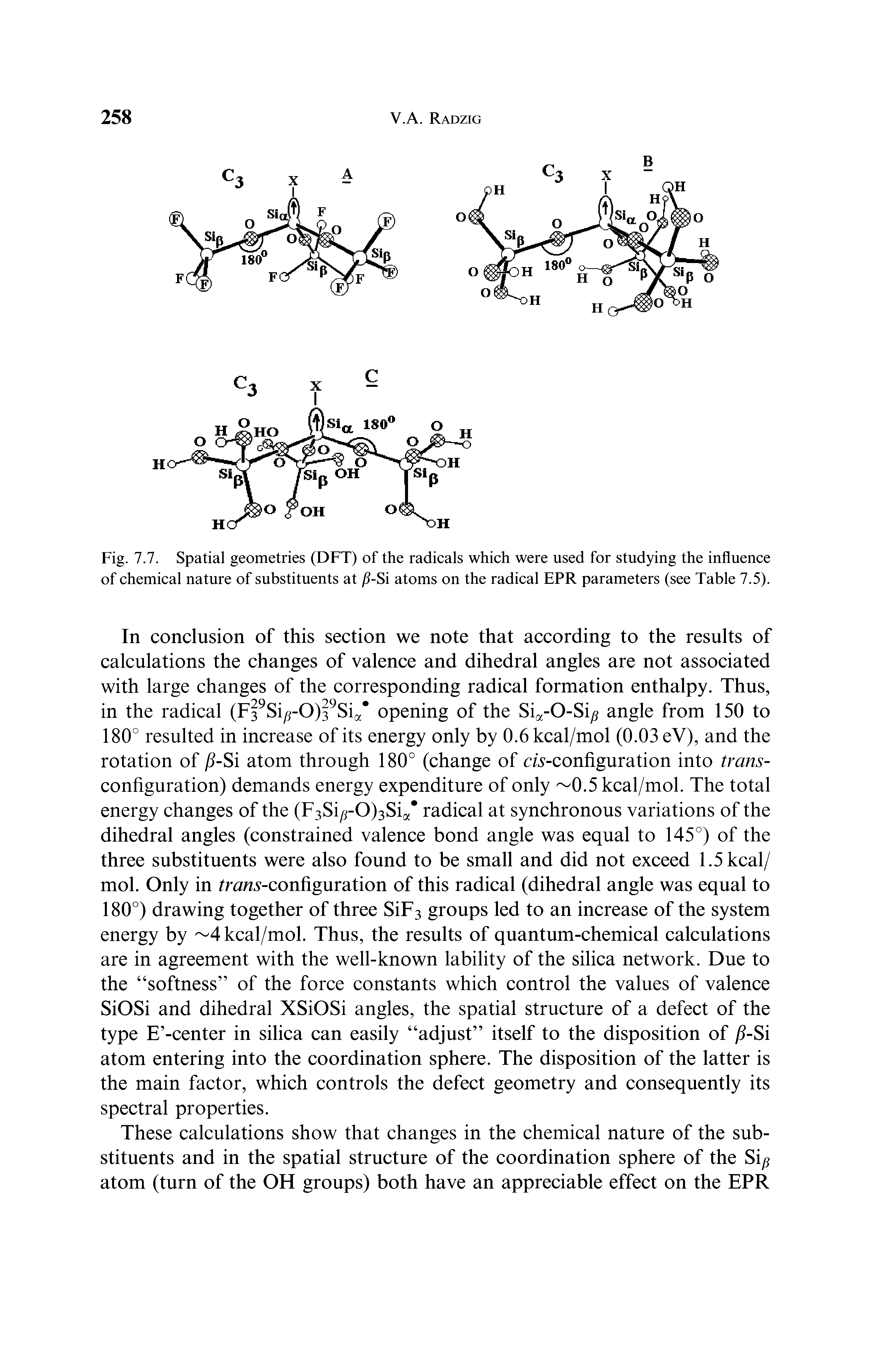 Fig. 7.7. Spatial geometries (DFT) of the radicals which were used for studying the influence of chemical nature of substituents at /7-Si atoms on the radical EPR parameters (see Table 7.5).