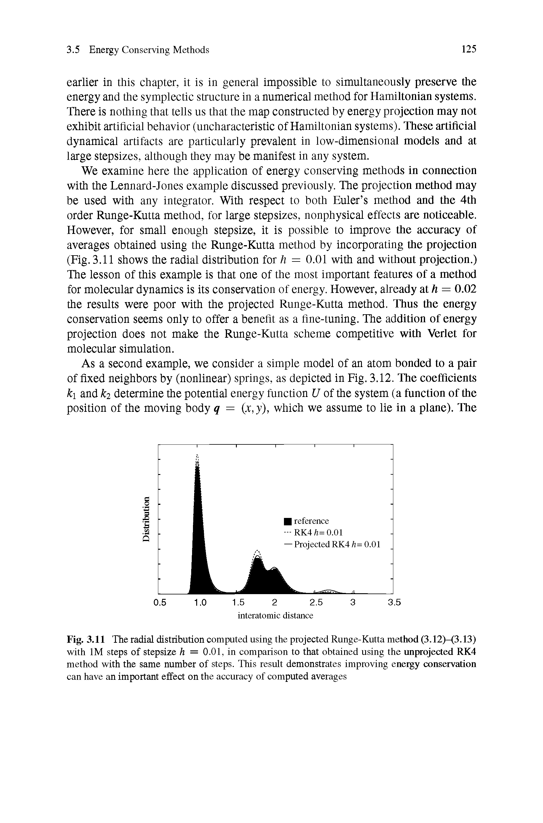 Fig. 3.11 The radial distribution computed using the projected Runge-Kutta method (3.12)-(3.13) with IM steps of stepsize h = 0.01, in comparison to that obtained using the unprojected RK4 method with the same number of steps. This result demonstrates improving energy conservation can have an important effect on the accuracy of computed averages...