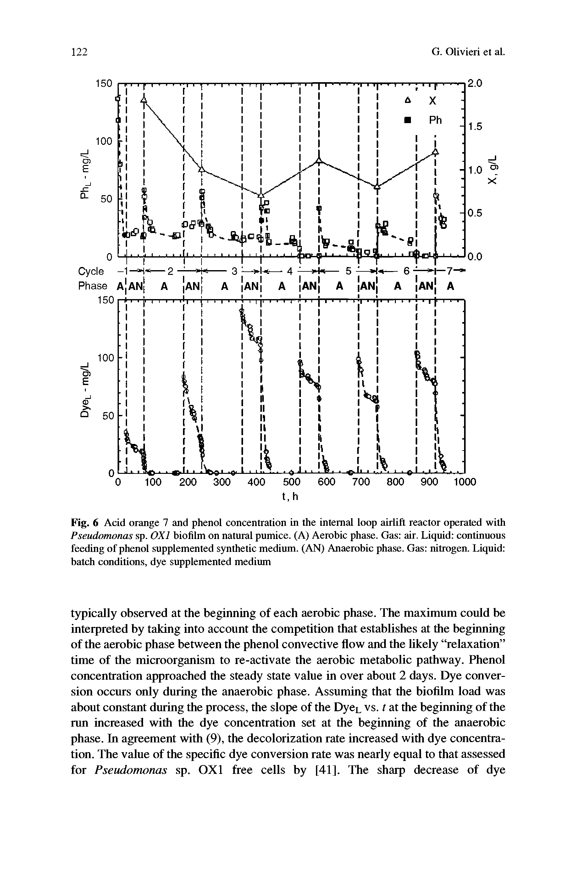 Fig. 6 Acid orange 7 and phenol concentration in the internal loop airlift reactor operated with Pseudomonas sp. 0X1 biofilm on natural pumice. (A) Aerobic phase. Gas air. Liquid continuous feeding of phenol supplemented synthetic medium. (AN) Anaerobic phase. Gas nitrogen. Liquid batch conditions, dye supplemented medium...