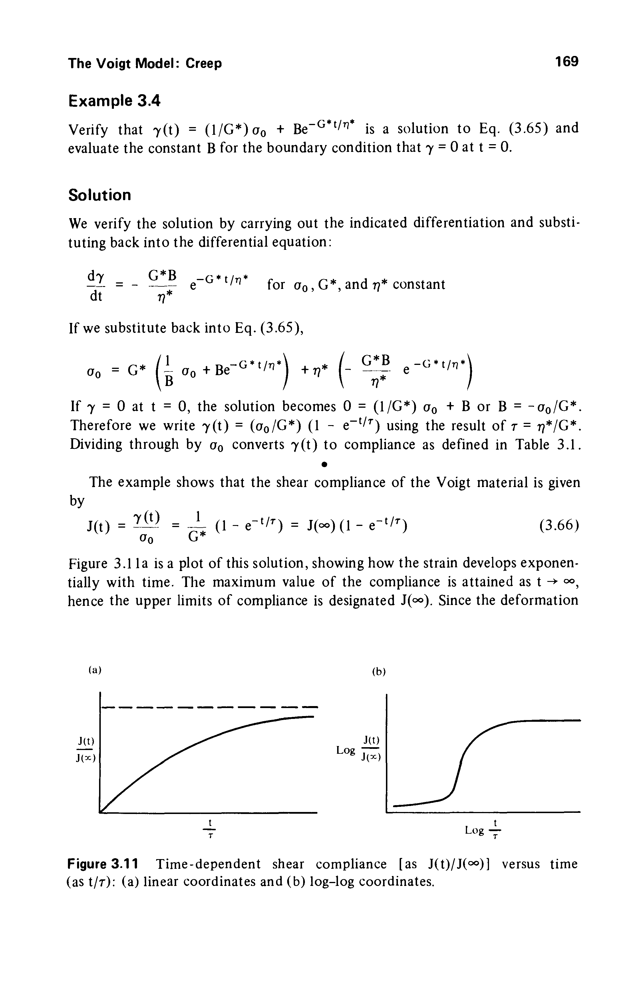 Figure 3.11 Time-dependent shear compliance [as J(t)/J(°°)] versus time (as t/r) (a) linear coordinates and (b) log-log coordinates.