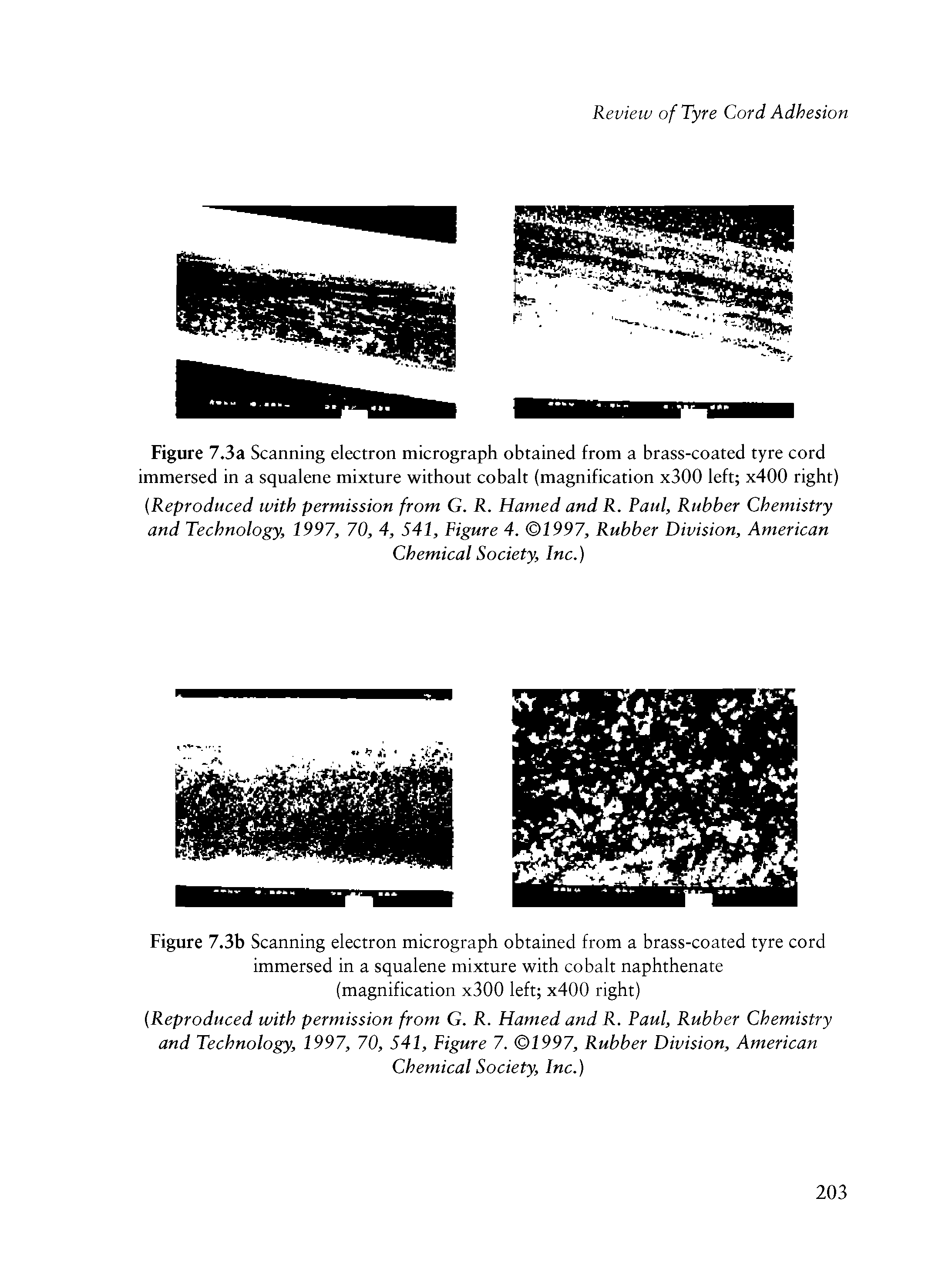 Figure 7.3a Scanning electron micrograph obtained from a brass-coated tyre cord immersed in a squalene mixture without cobalt (magnification x300 left x400 right) Reproduced with permission from G. R. Hamed and R. Paul, Rubber Chemistry and Technology, 1997, 70, 4, 541, Figure 4. 1997, Rubber Division, American...