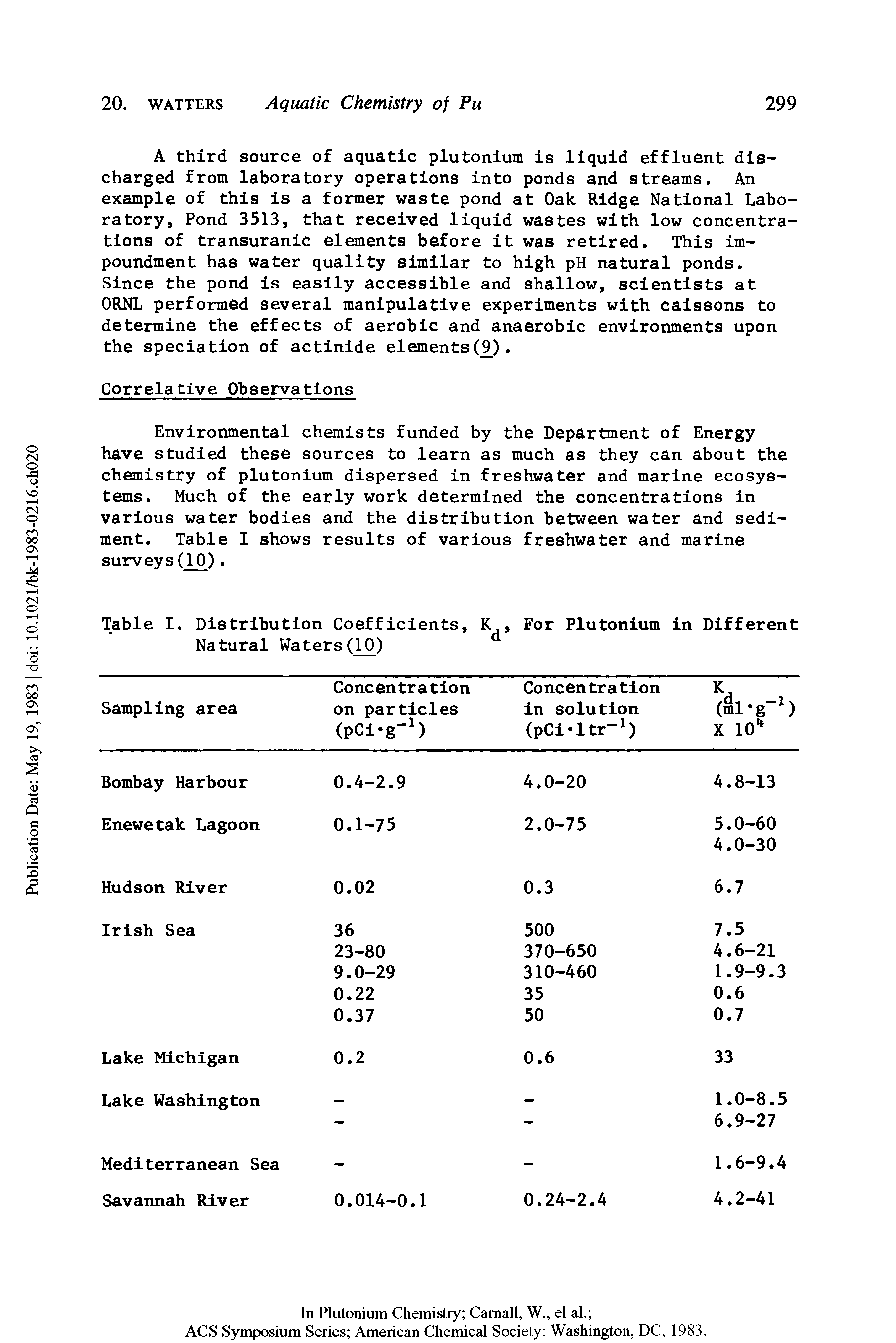 Table I. Distribution Coefficients, K, For Plutonium in Different Natural Waters(10)...