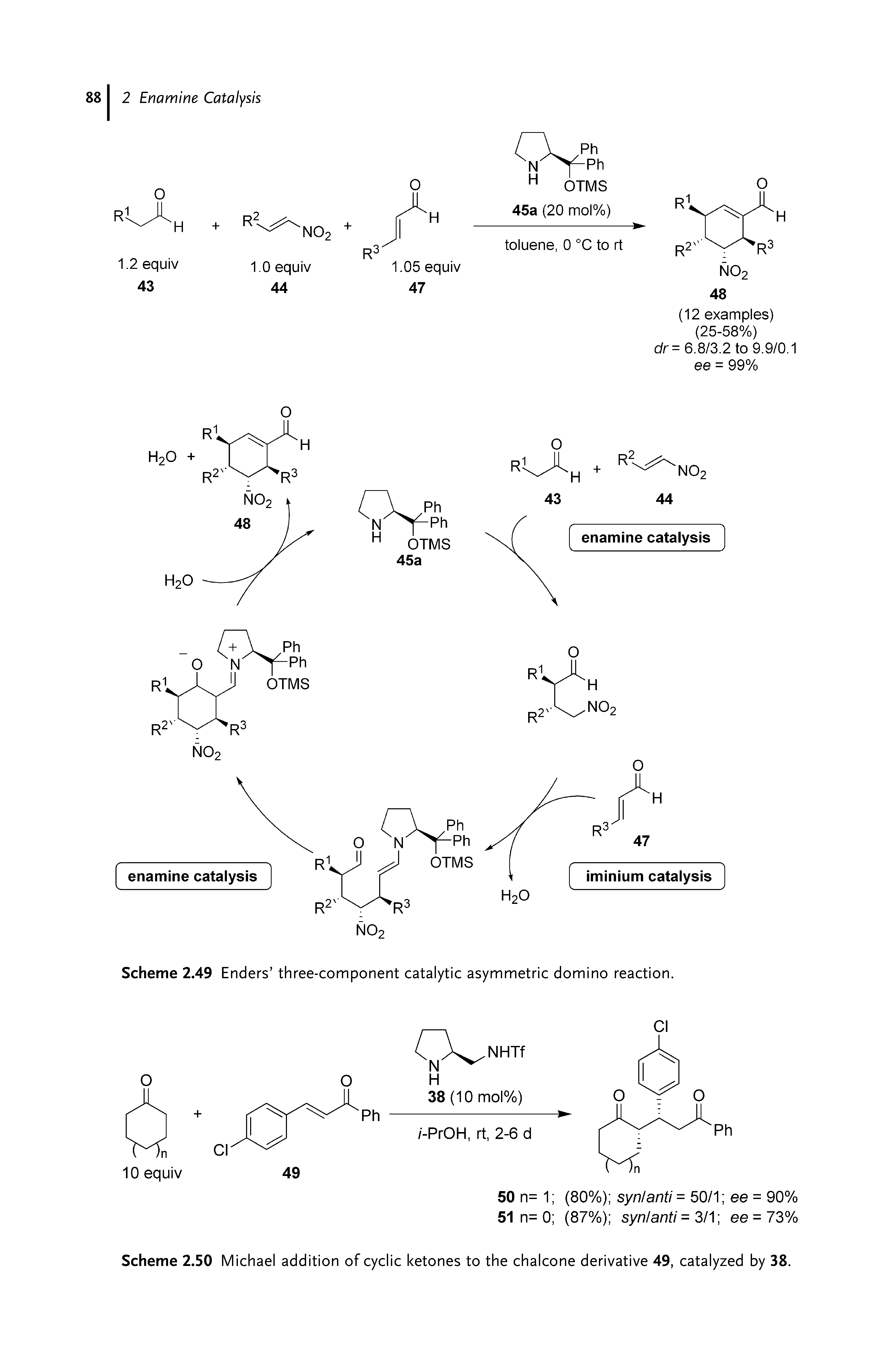 Scheme 2.50 Michael addition of cyclic ketones to the chalcone derivative 49, catalyzed by 38.