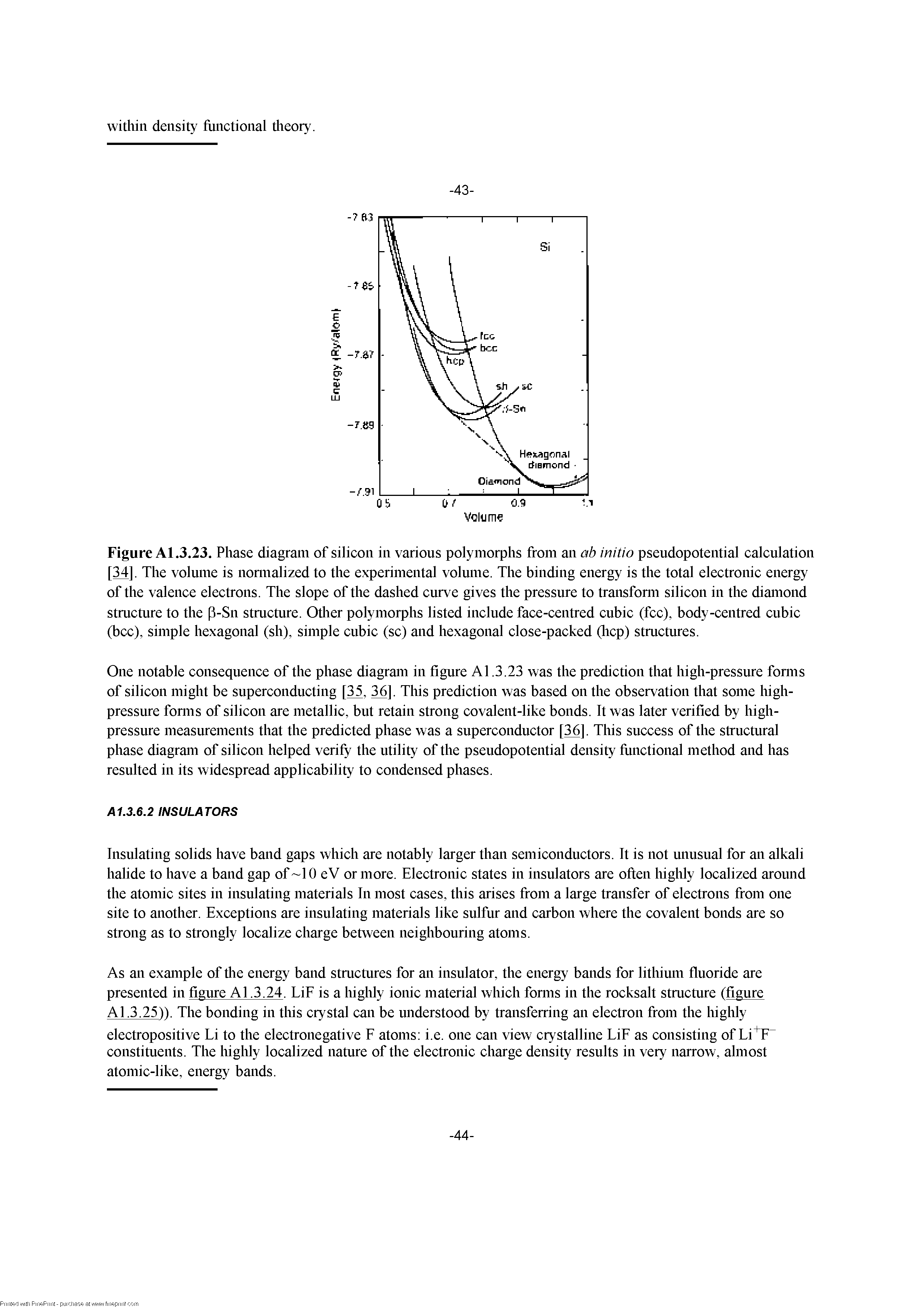 Figure Al.3.23. Phase diagram of silicon in various polymorphs from an ab initio pseudopotential calculation [34], The volume is nonnalized to the experimental volume. The binding energy is the total electronic energy of the valence electrons. The slope of the dashed curve gives the pressure to transfomi silicon in the diamond structure to the p-Sn structure. Otlier polymorphs listed include face-centred cubic (fee), body-centred cubic (bee), simple hexagonal (sh), simple cubic (sc) and hexagonal close-packed (licp) structures.