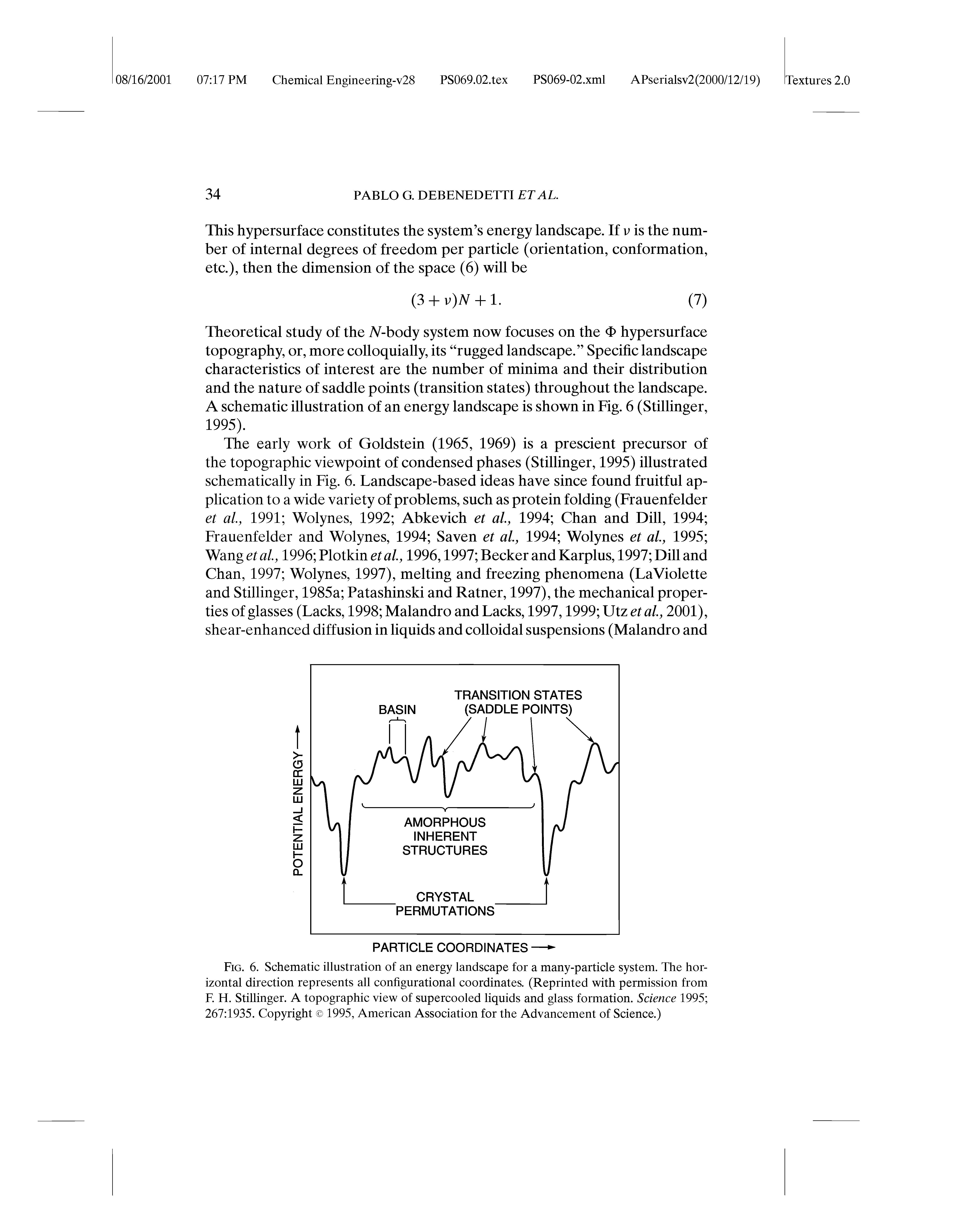 Fig. 6. Schematic illustration of an energy landscape for a many-particle system. The horizontal direction represents all configurational coordinates. (Reprinted with permission from E H. Stillinger. A topographic view of supercooled liquids and glass formation. Science 1995 267 1935. Copyright 1995, American Association for the Advancement of Science.)...